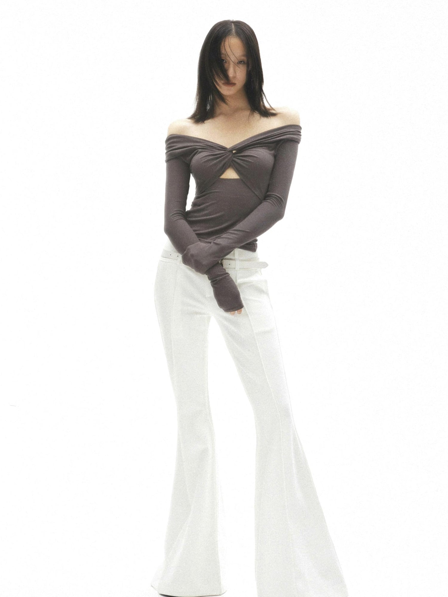 commonce.net White Flared Split Waistband Floor Length Knit Bell Bottom Pants