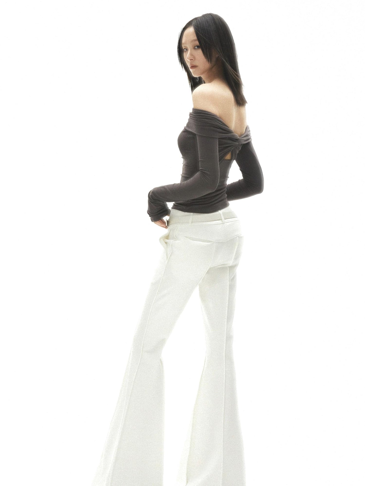 commonce.net White Flared Split Waistband Floor Length Knit Bell Bottom Pants