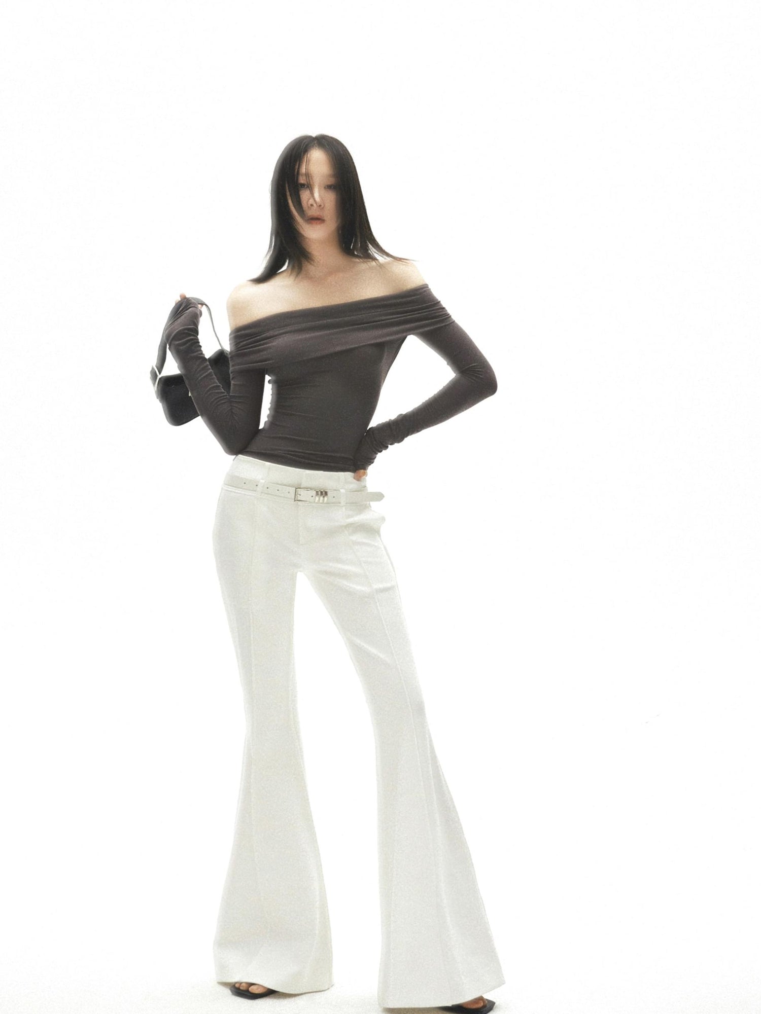commonce.net White Flared Split Waistband Floor Length Knit Bell Bottom Pants