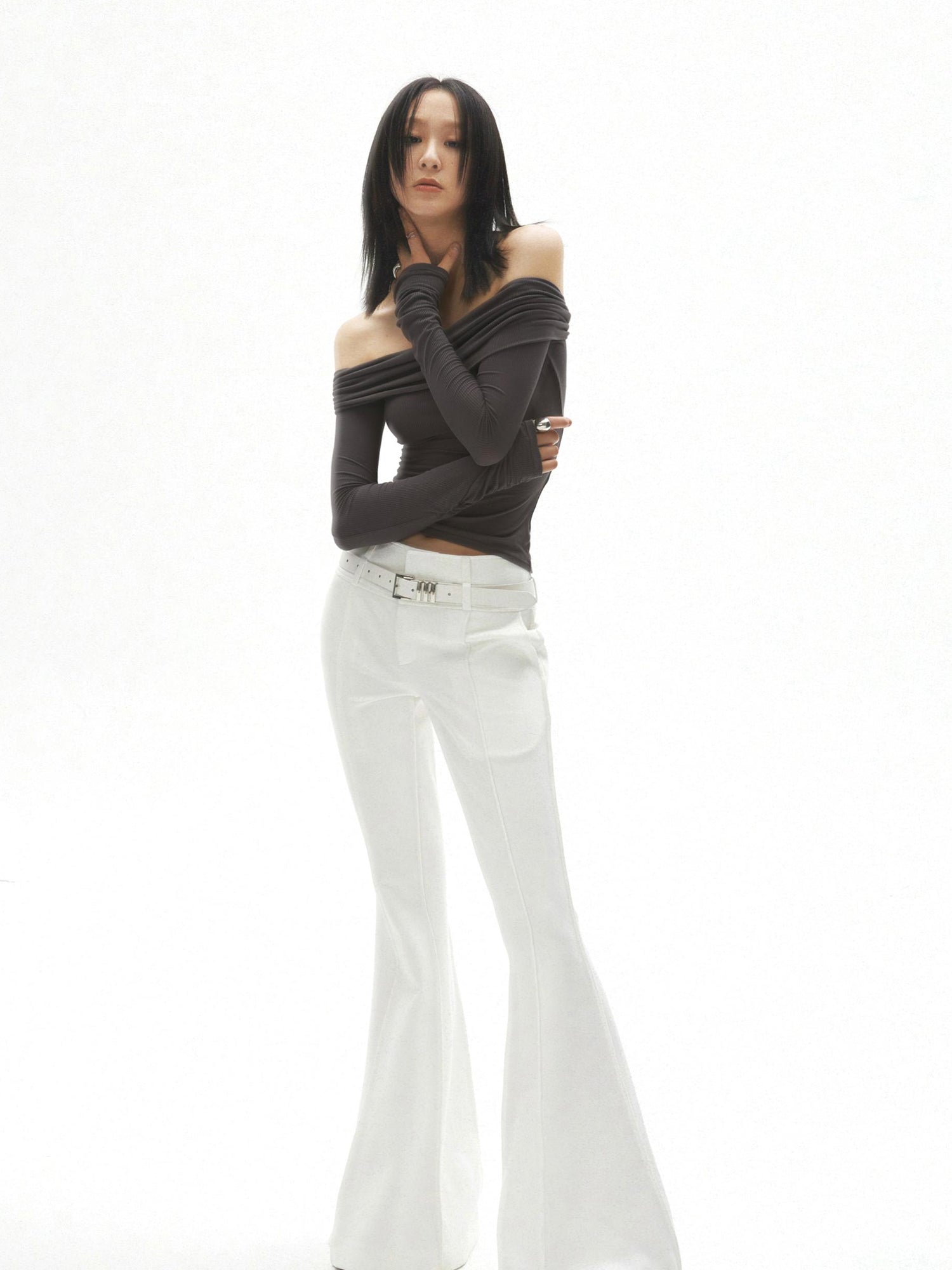 commonce.net White Flared Split Waistband Floor Length Knit Bell Bottom Pants