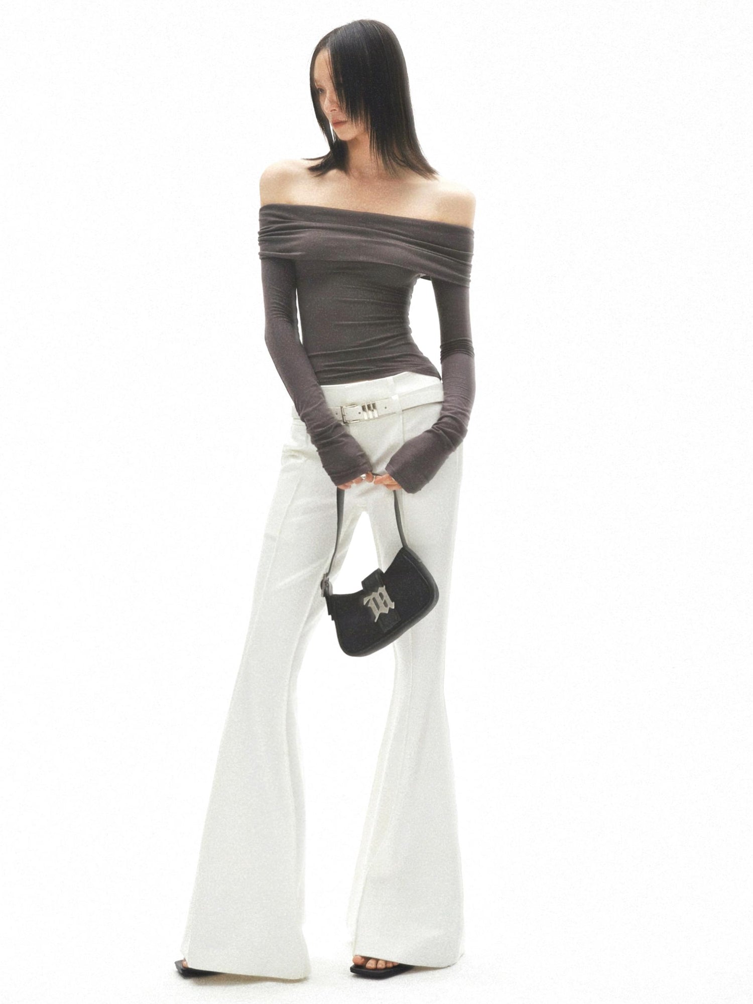 commonce.net White Flared Split Waistband Floor Length Knit Bell Bottom Pants