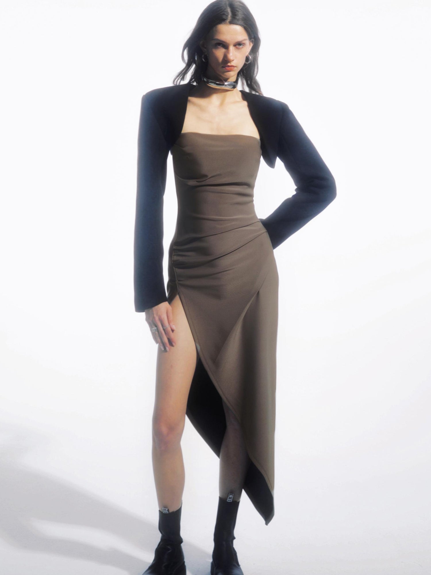 commonce net Asymmetric Gathered Side Slit Strapless Gown