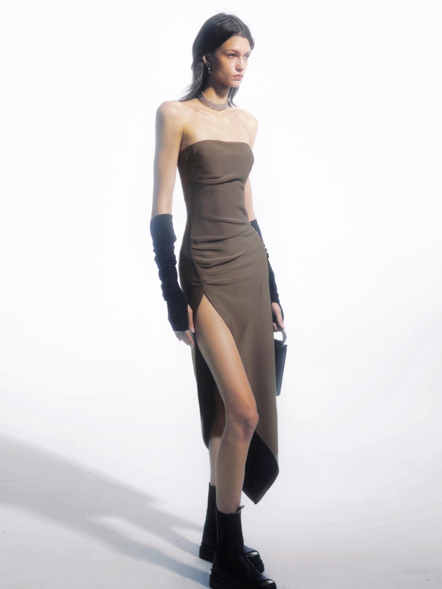 commonce net Asymmetric Gathered Side Slit Strapless Gown