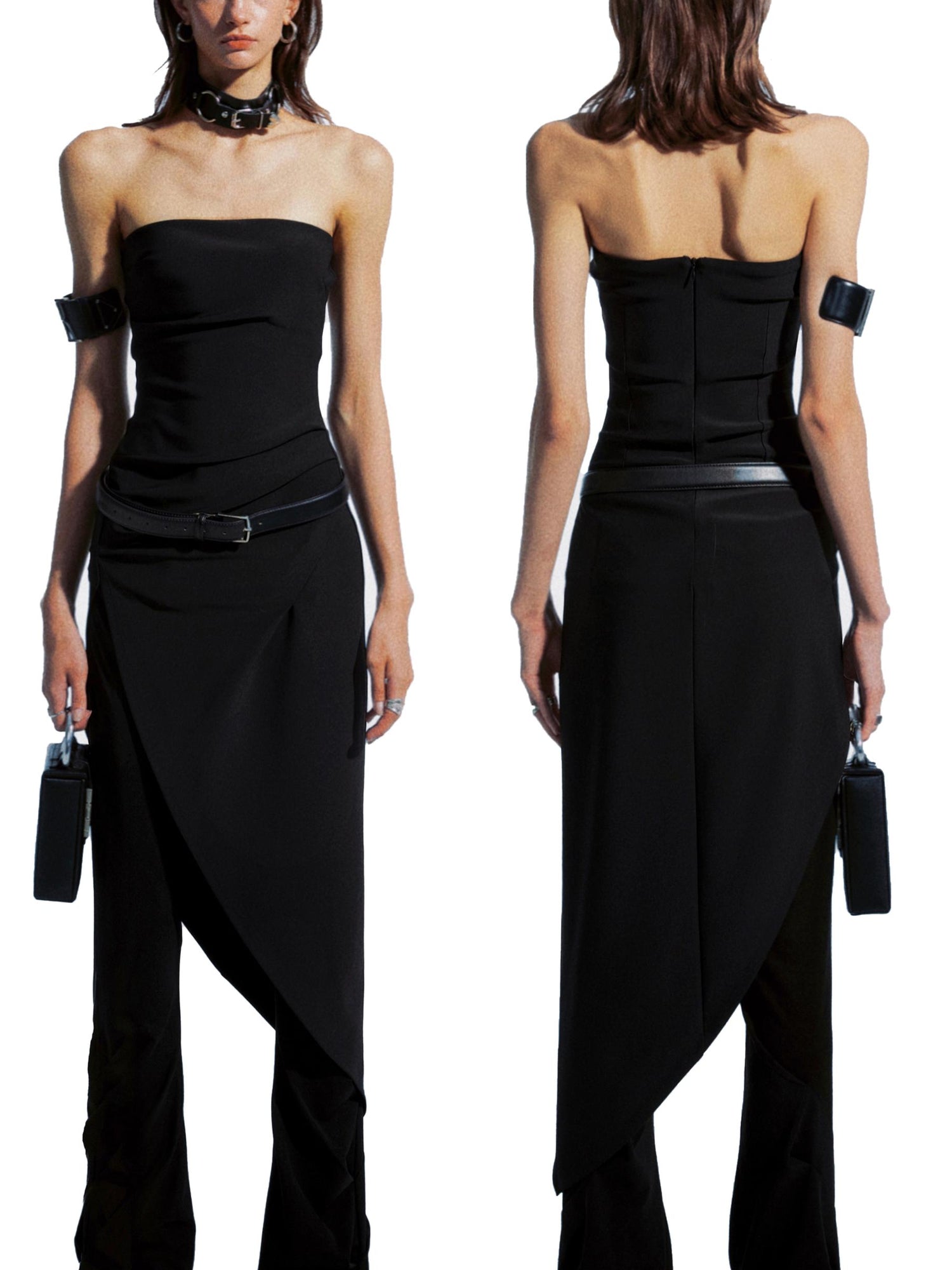 commonce net Asymmetric Gathered Side Slit Strapless Gown