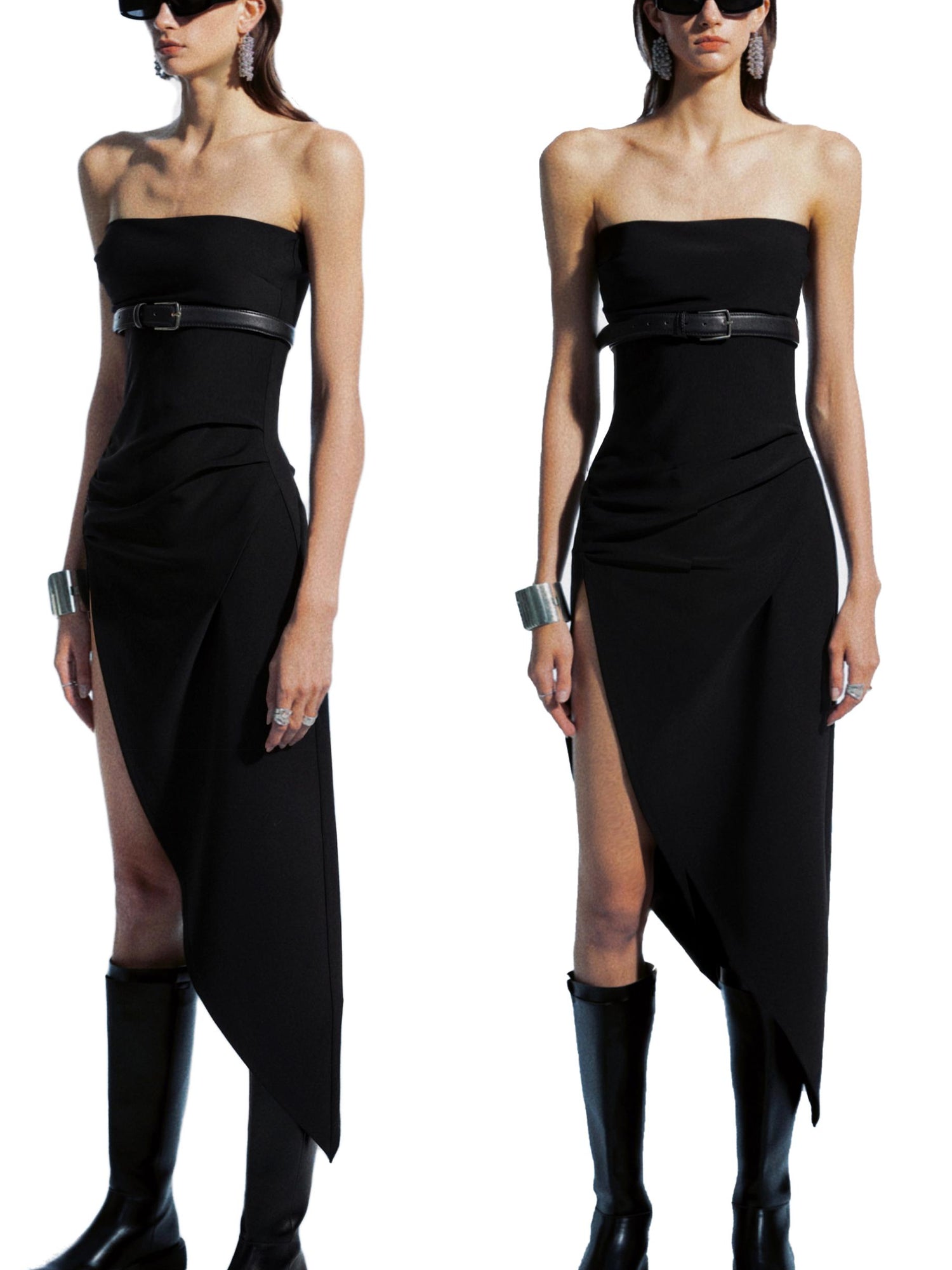 commonce net Asymmetric Gathered Side Slit Strapless Gown