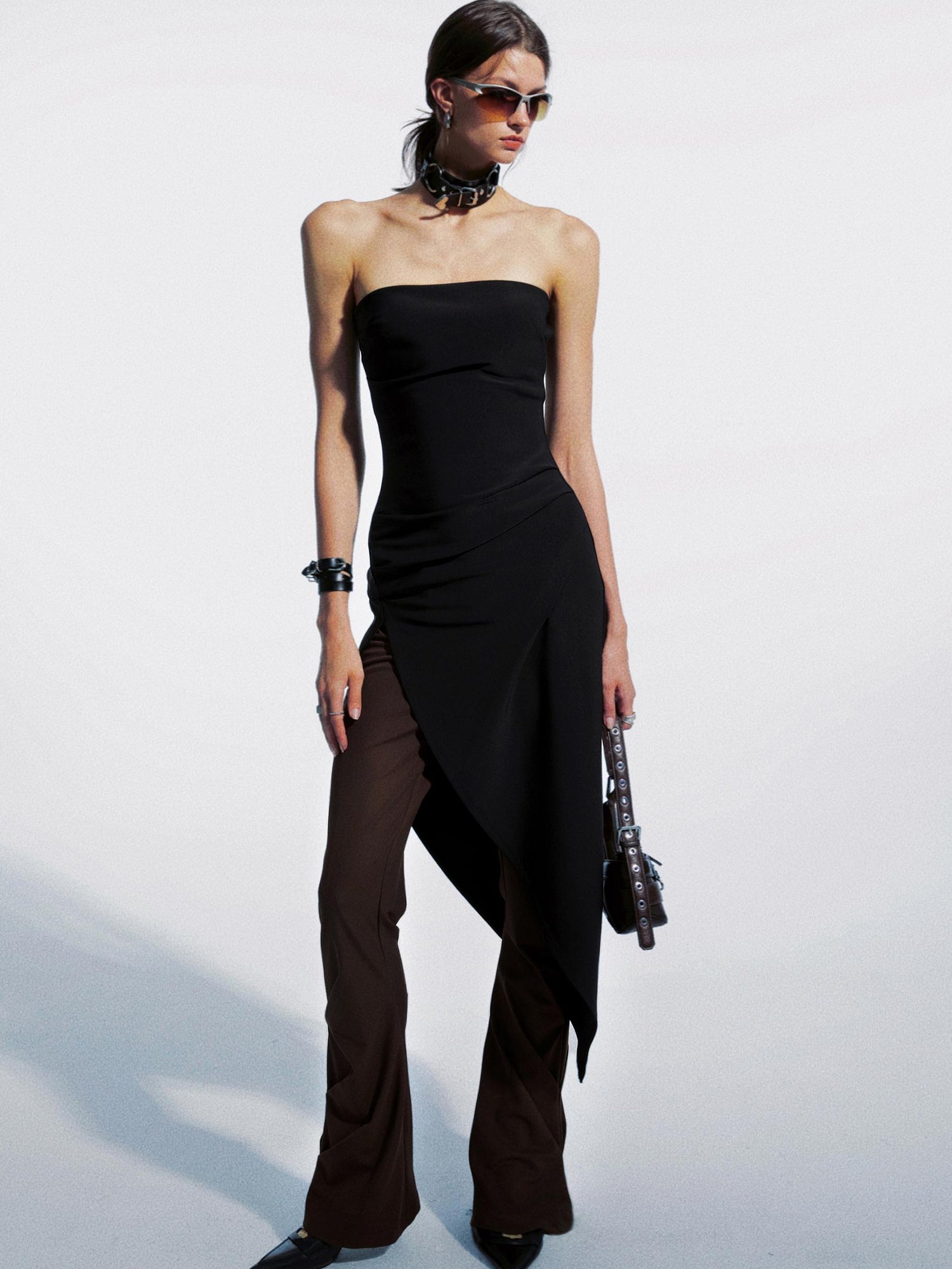 commonce net Asymmetric Gathered Side Slit Strapless Gown