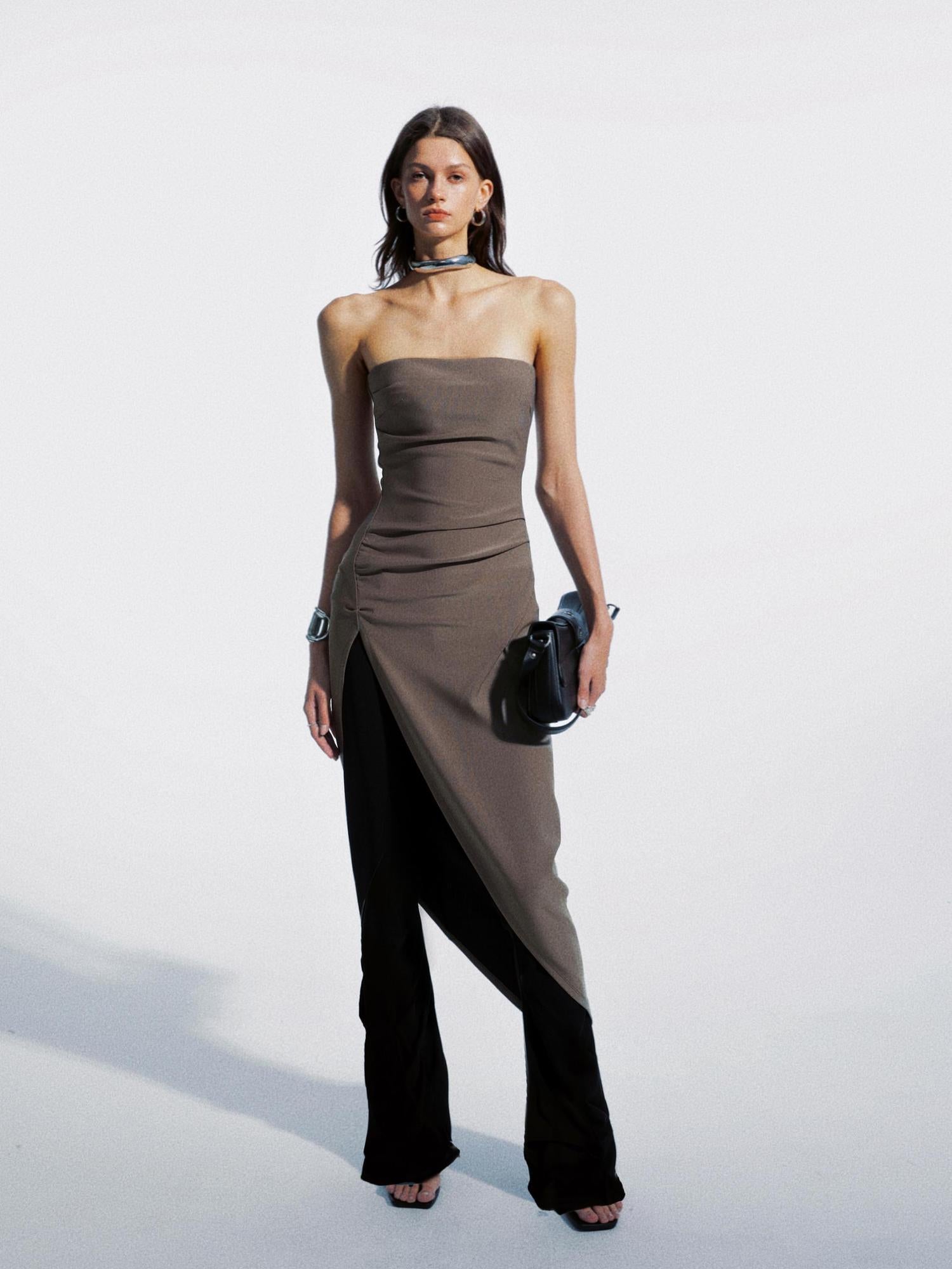 commonce net Asymmetric Gathered Side Slit Strapless Gown