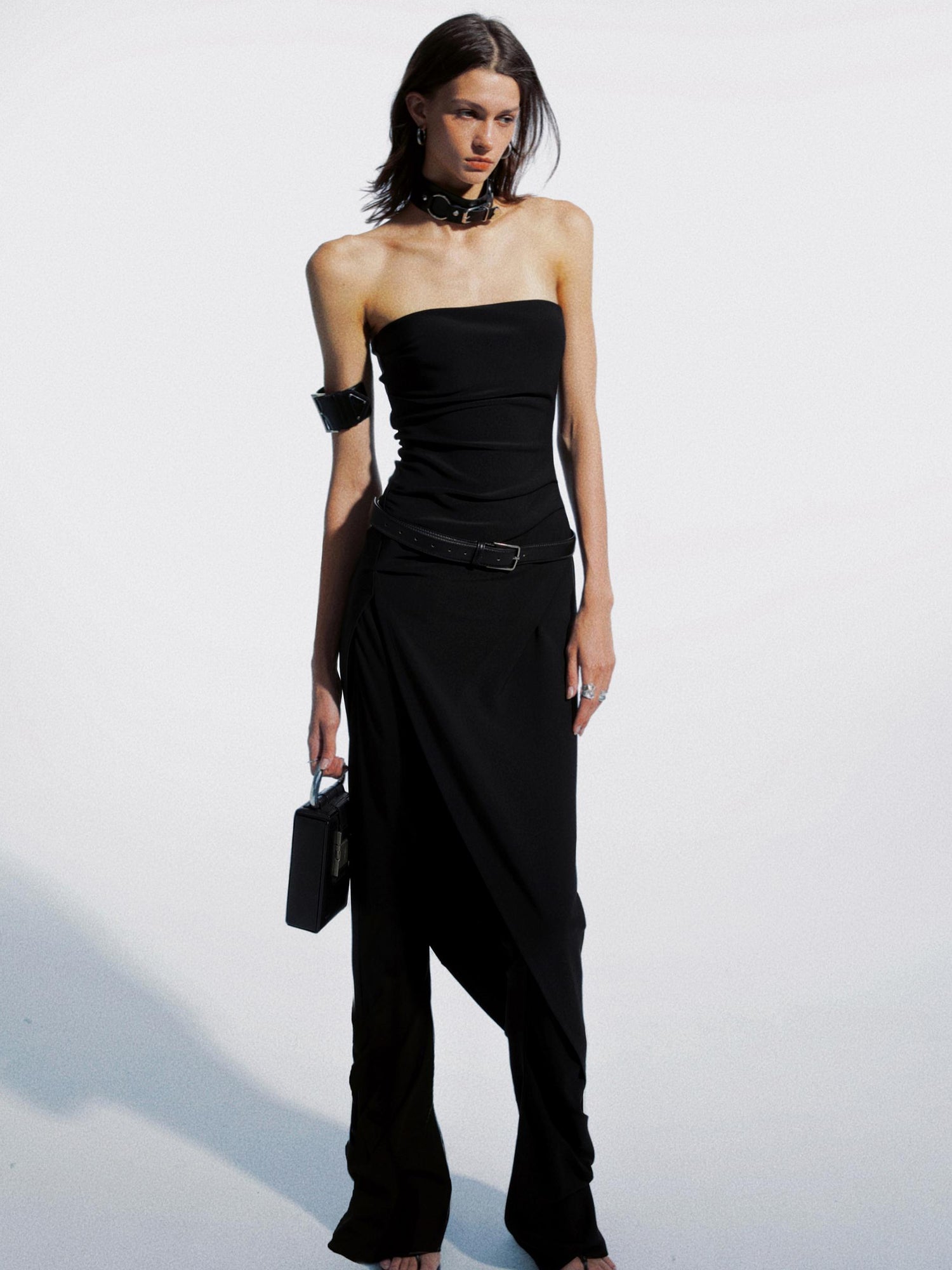commonce net Asymmetric Gathered Side Slit Strapless Gown