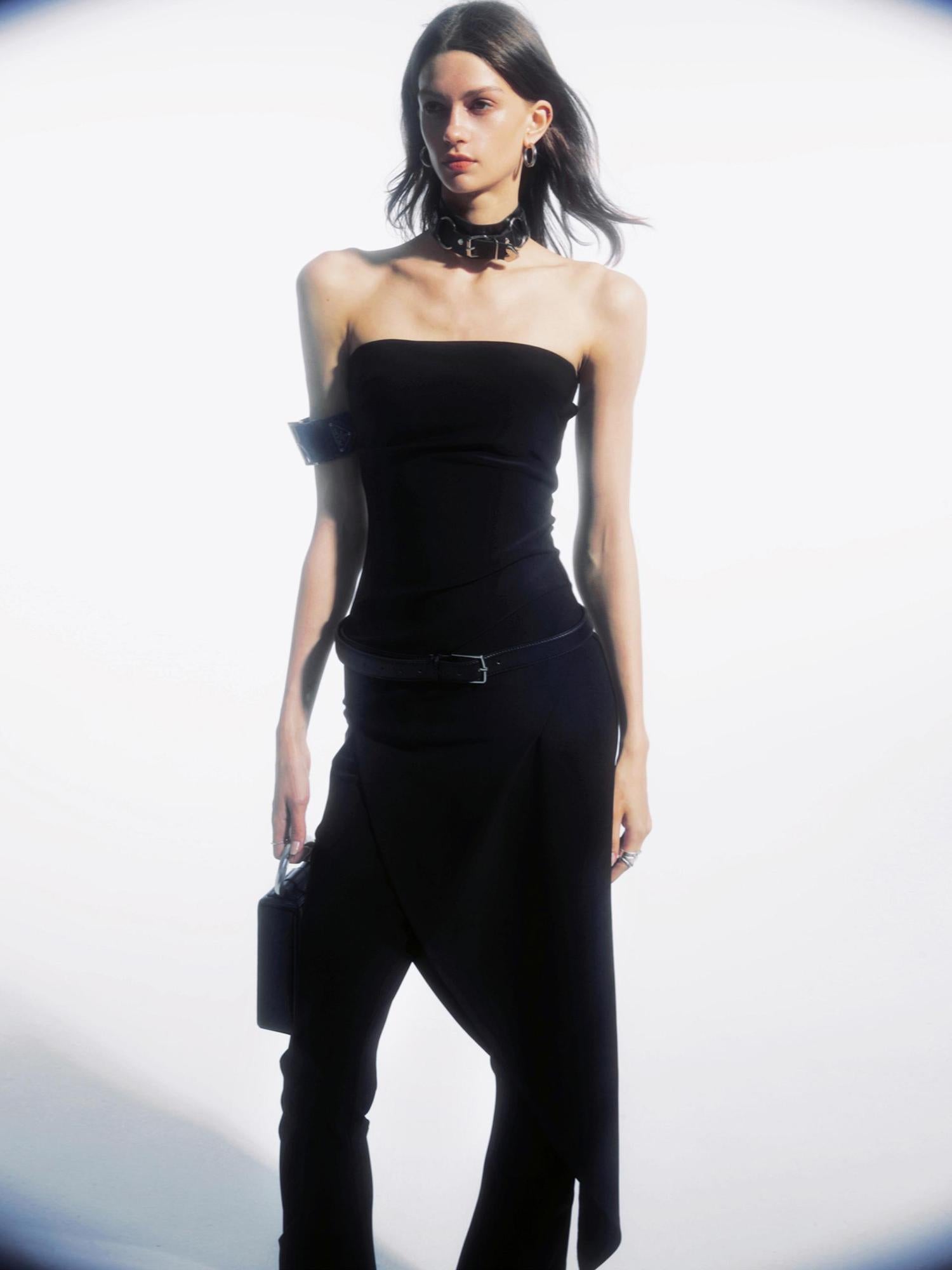 commonce net Asymmetric Gathered Side Slit Strapless Gown