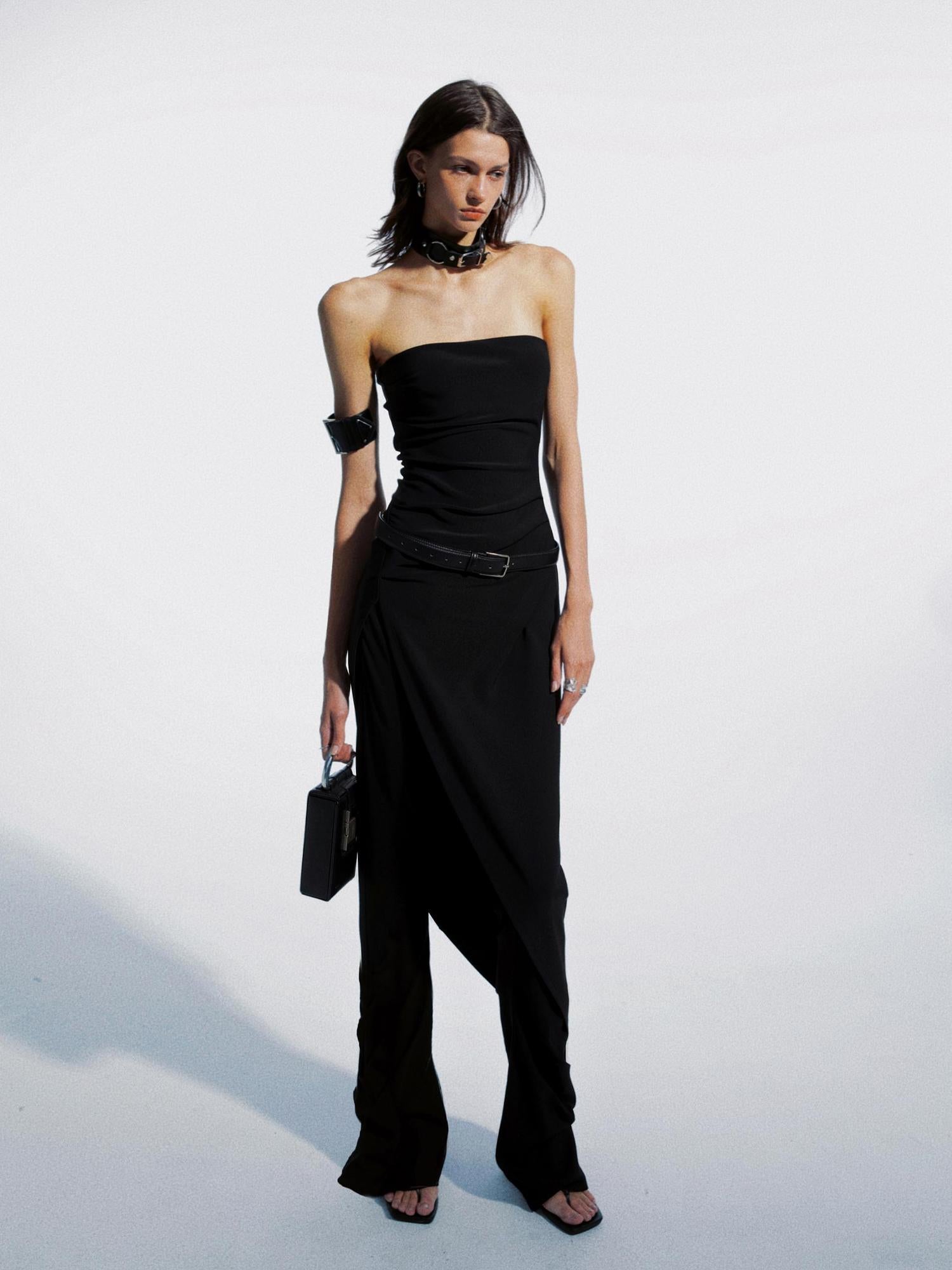 commonce net Asymmetric Gathered Side Slit Strapless Gown