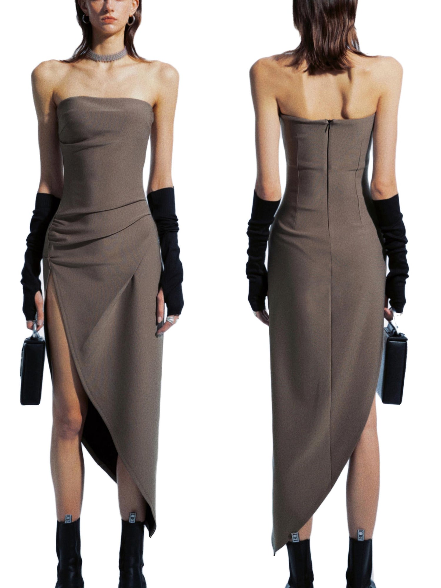 commonce net Asymmetric Gathered Side Slit Strapless Gown