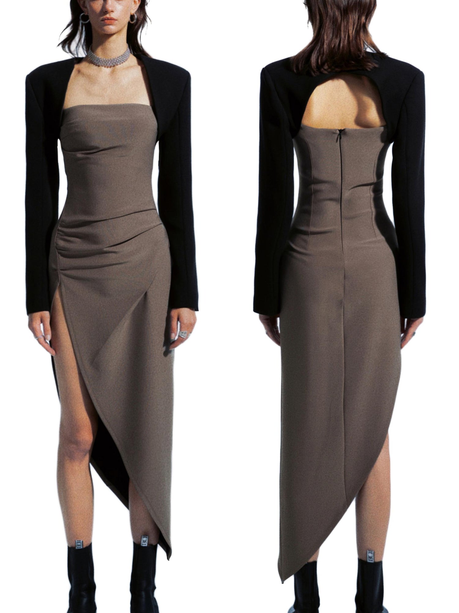 commonce net Asymmetric Gathered Side Slit Strapless Gown