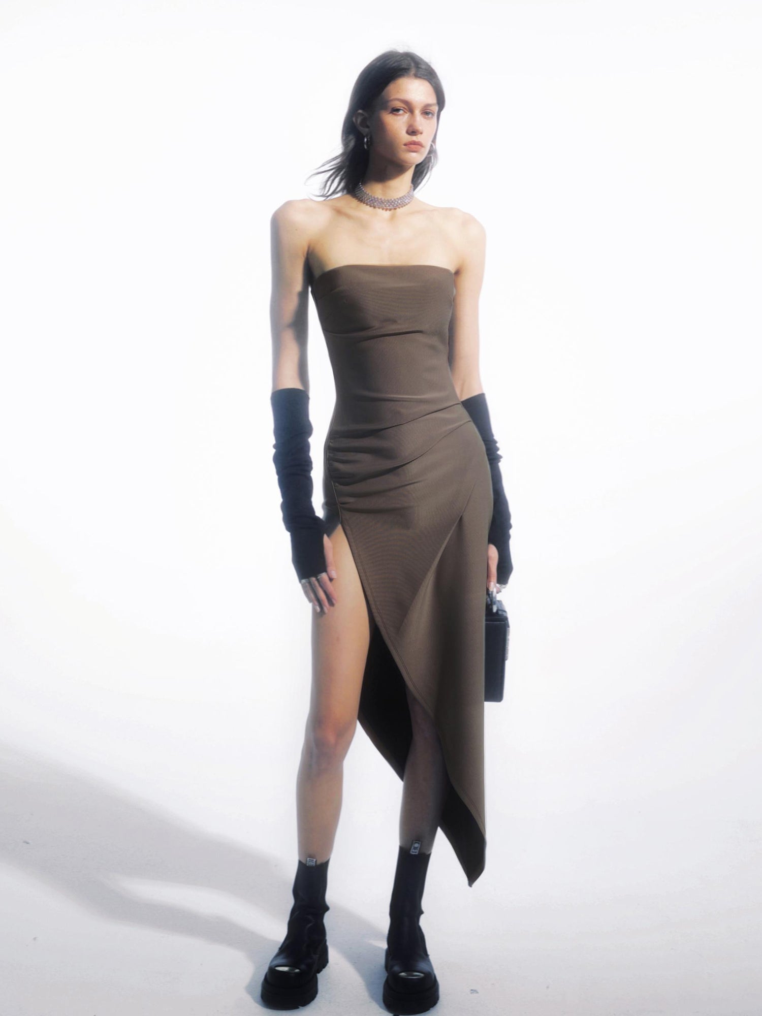 commonce net Asymmetric Gathered Side Slit Strapless Gown