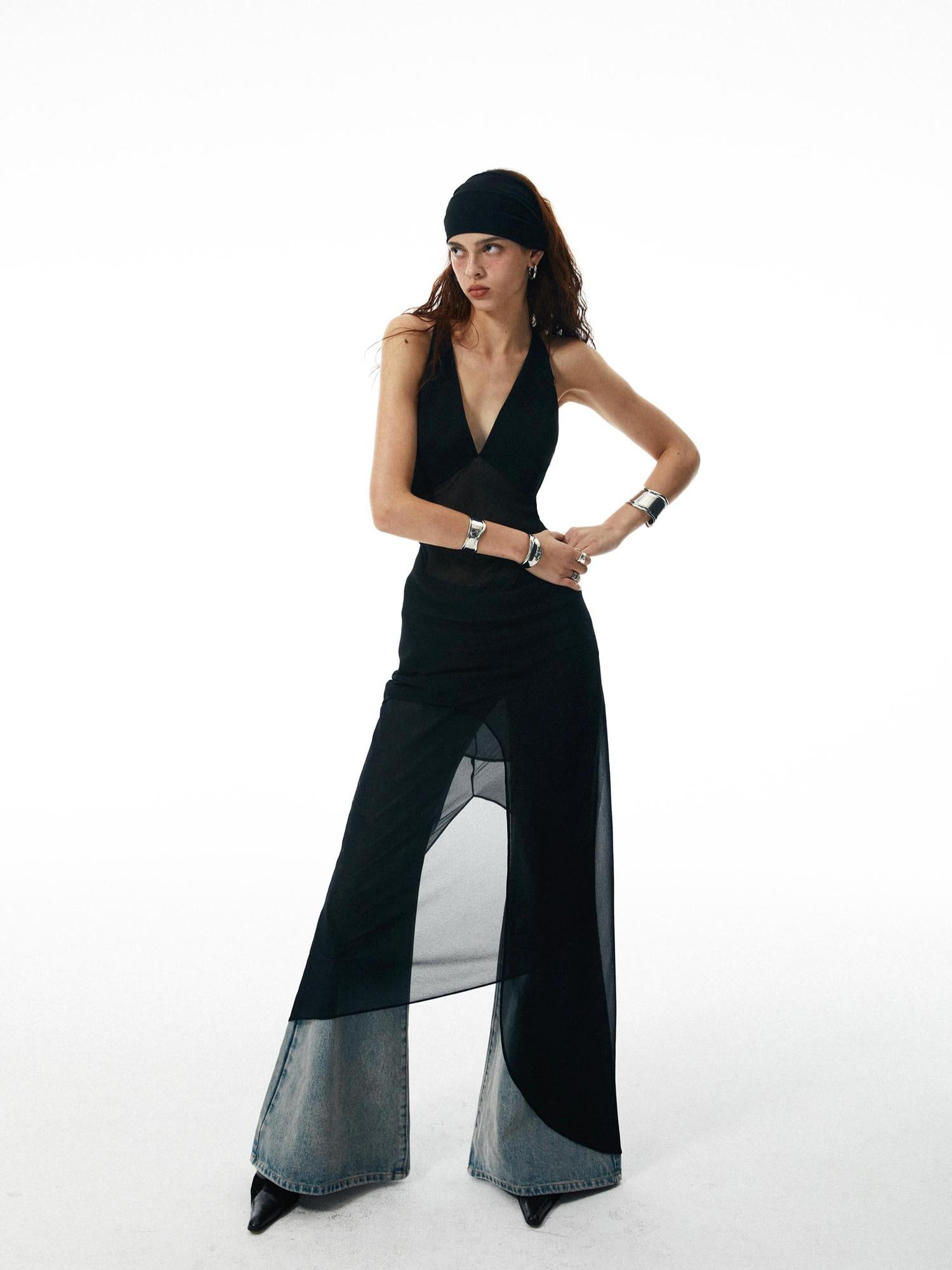 commonce net Asymmetrical Draped Halter Backless Maxi Dress