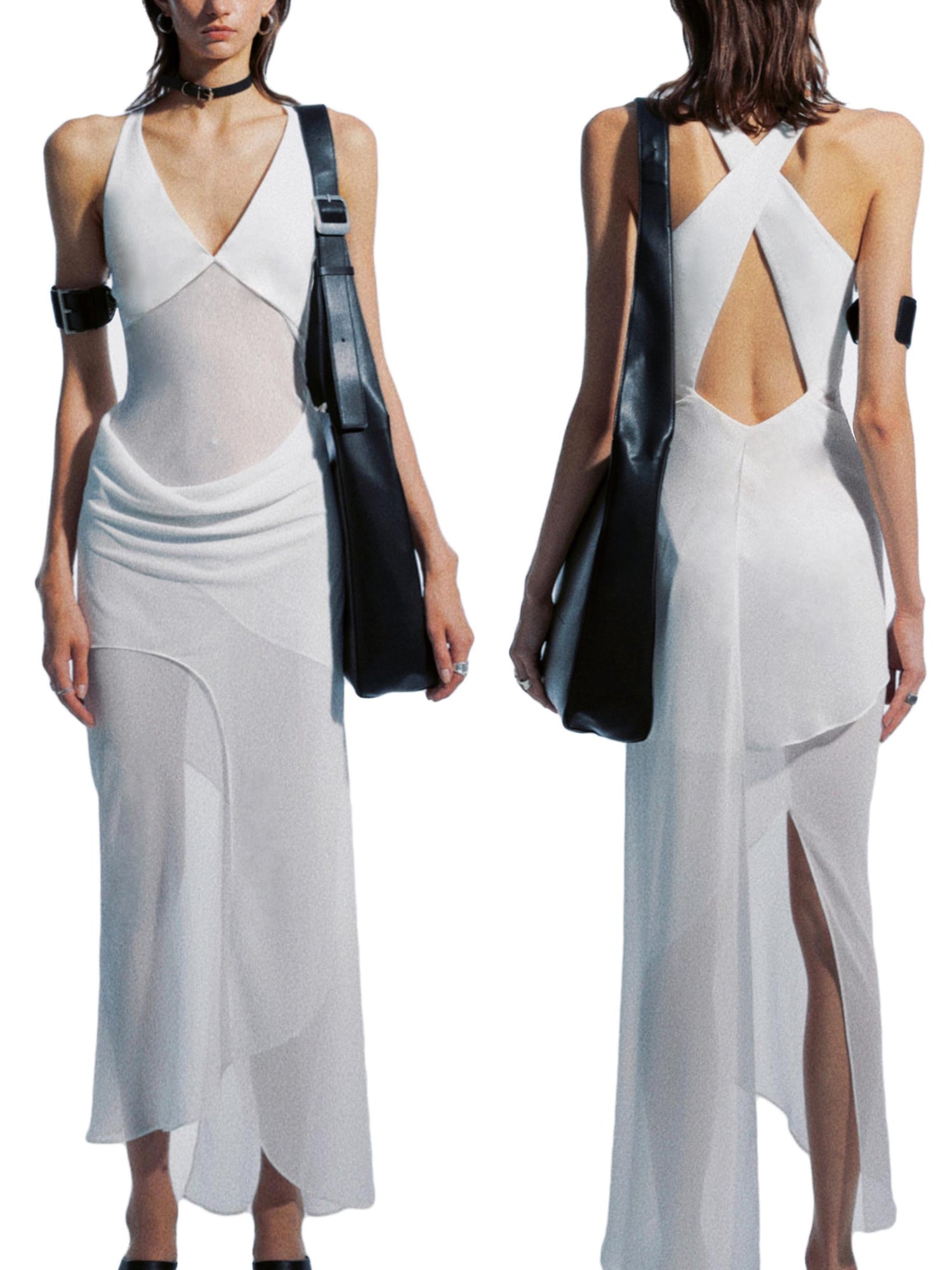 commonce net Asymmetrical Draped Halter Backless Maxi Dress