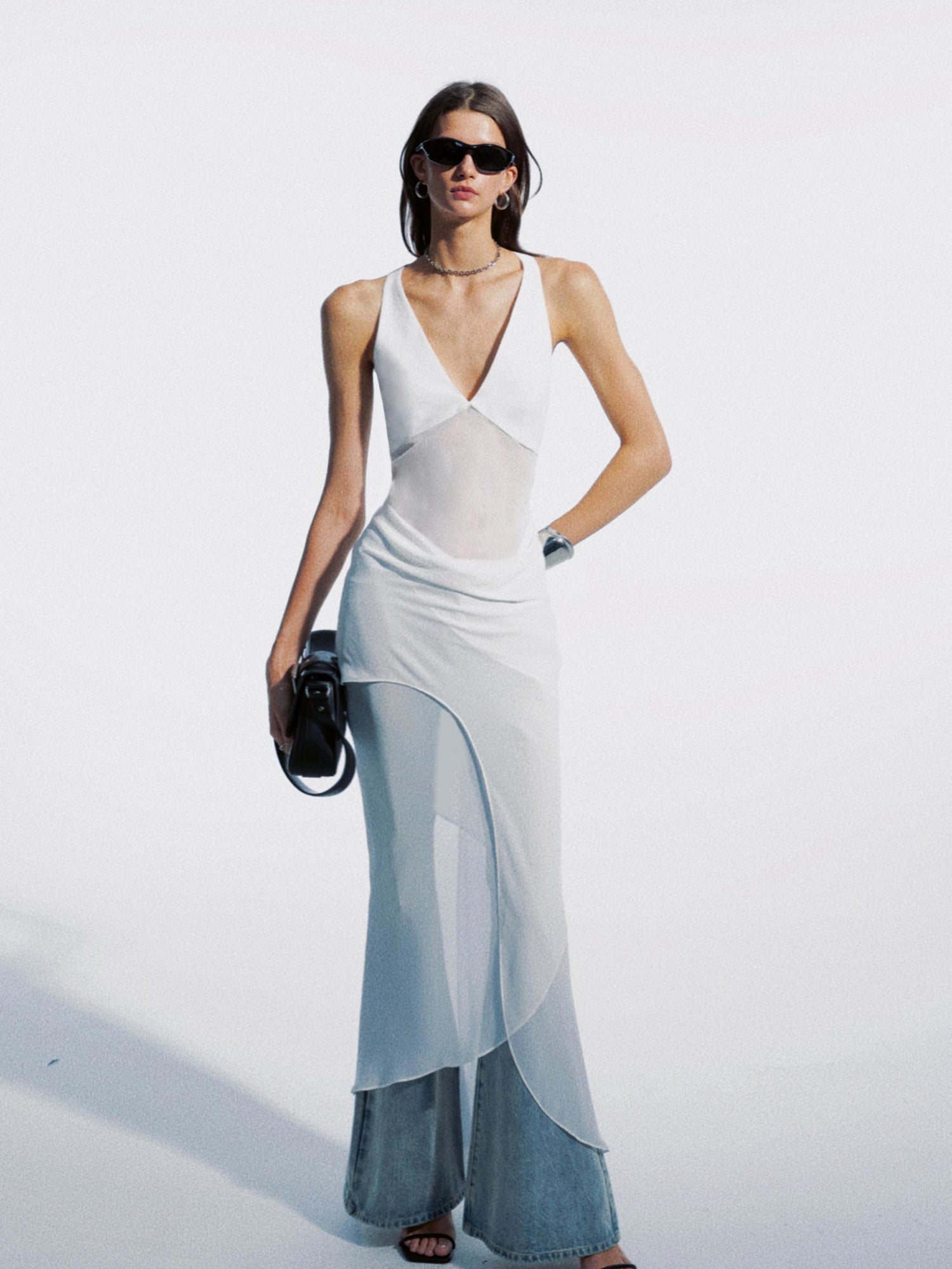 commonce net Asymmetrical Draped Halter Backless Maxi Dress