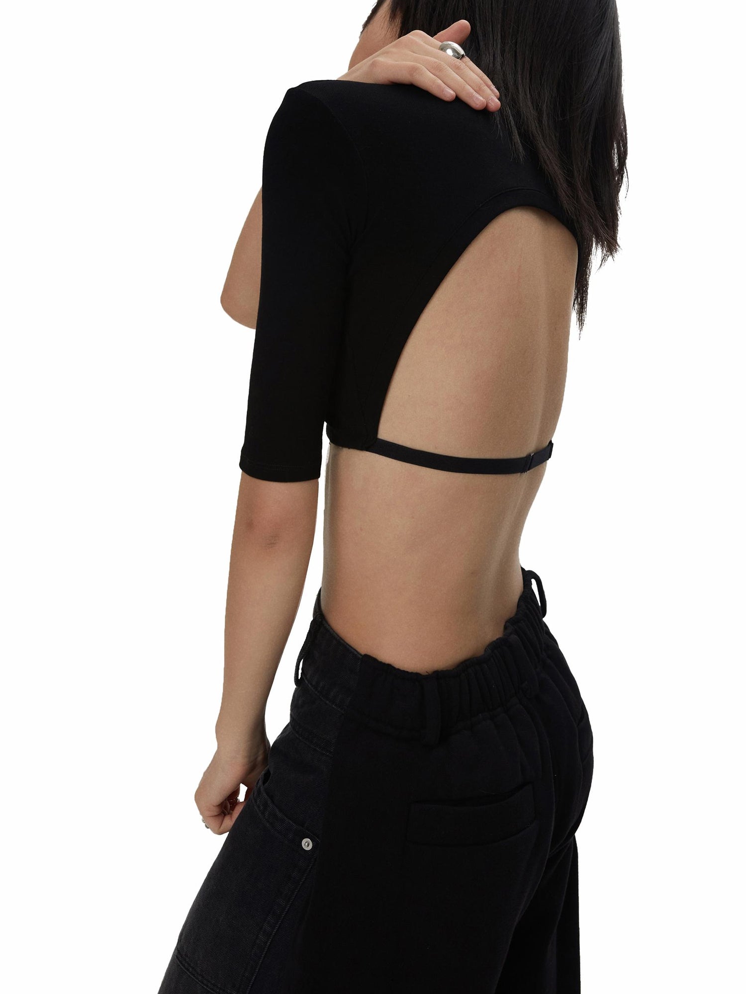 commonce net Backless Detachable Sleeve Cropped T-shirt