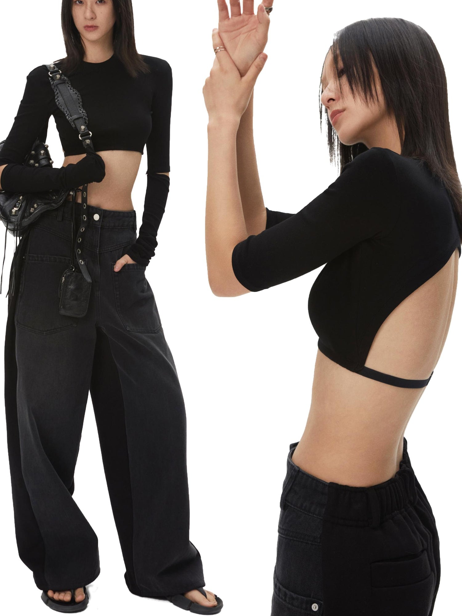 commonce net Backless Detachable Sleeve Cropped T-shirt