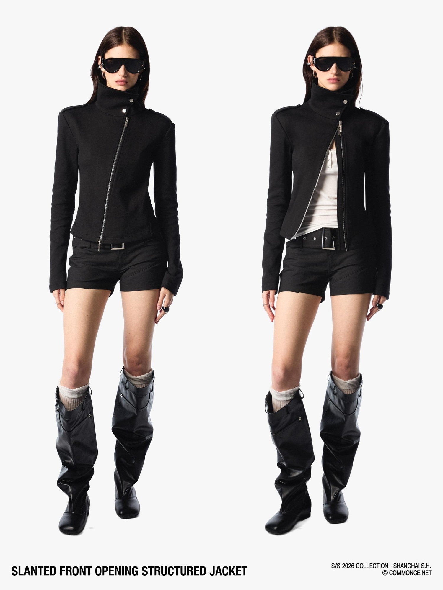 commonce net Black Asymmetric Zip Stand Collar Waist Cinch Women&