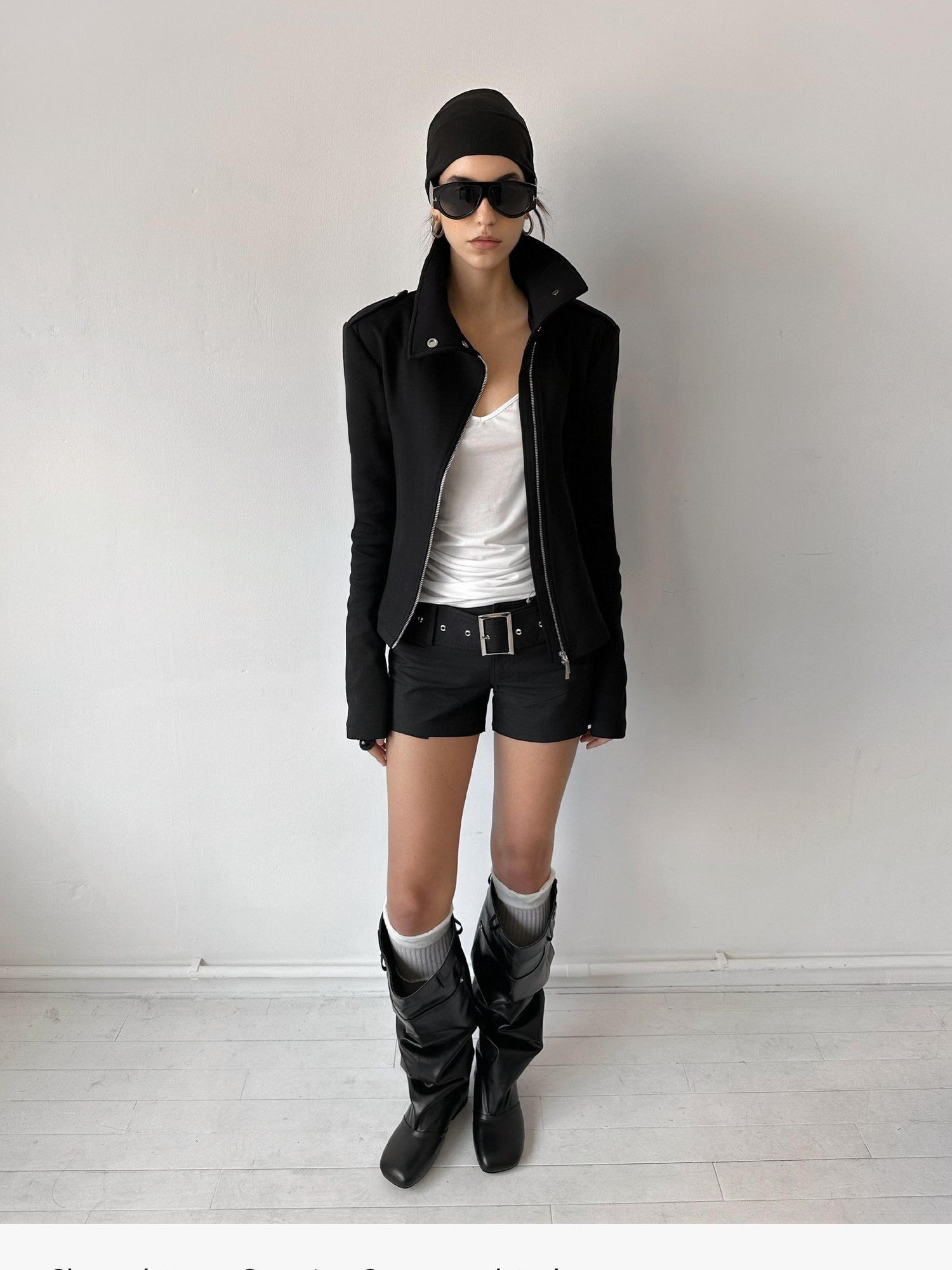 commonce net Black Asymmetric Zip Stand Collar Waist Cinch Women&