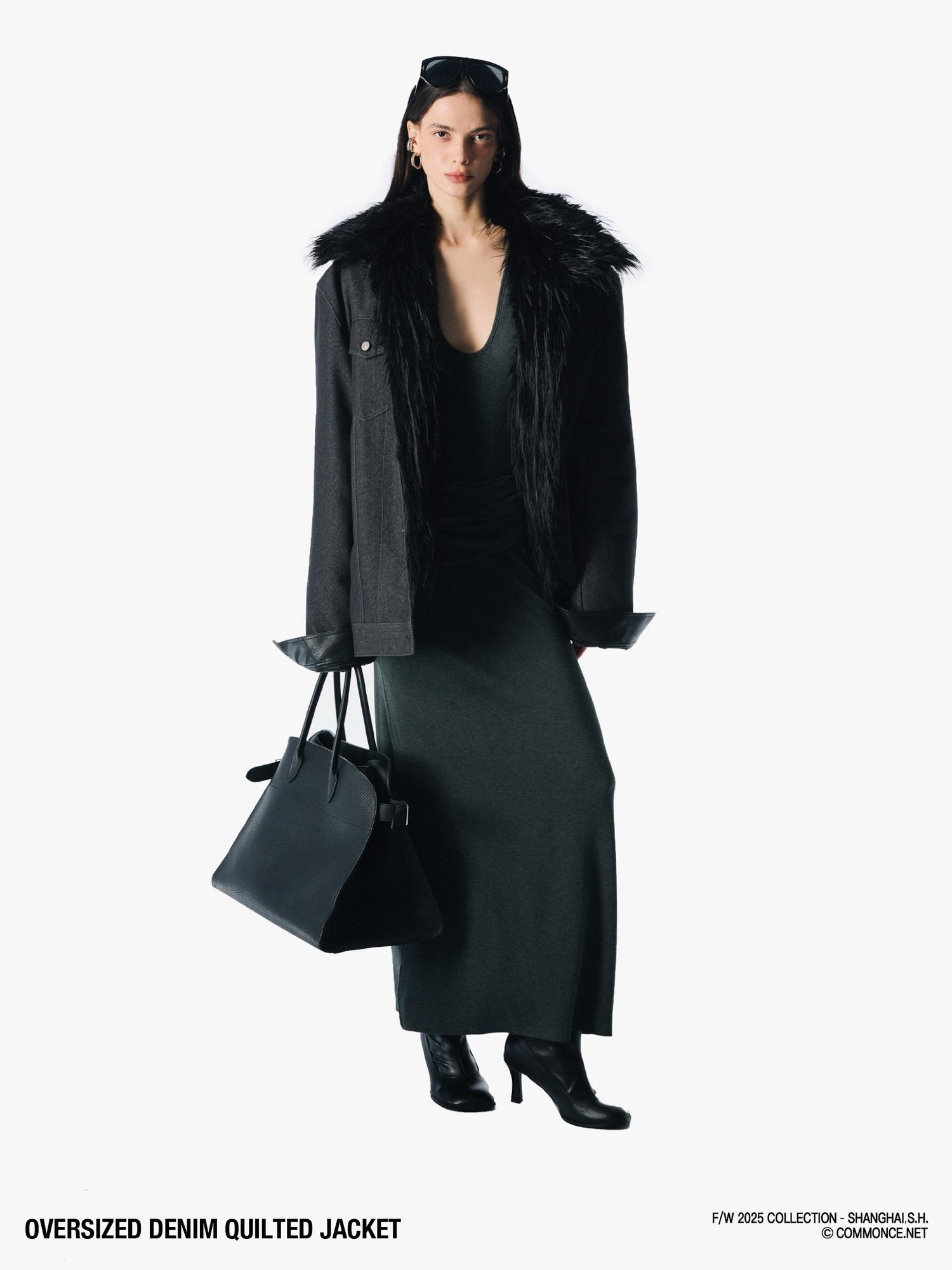 commonce net Black Denim Patchwork Leather Collar Women&