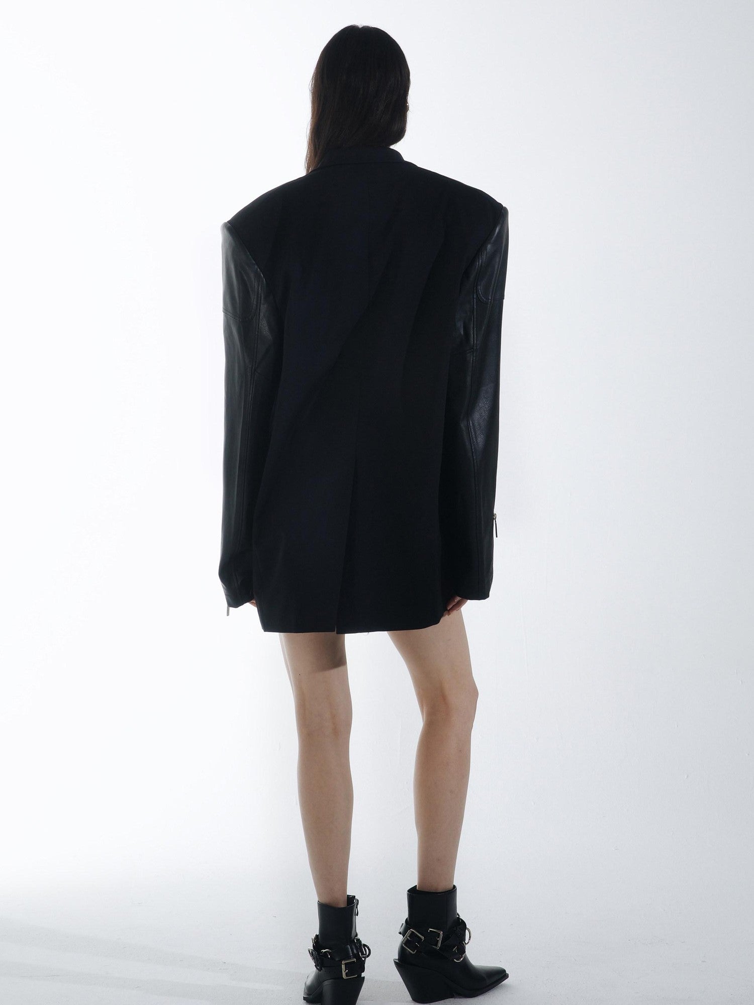 commonce net Black Detachable Fur Collar Spliced Zipper Oversized Women&