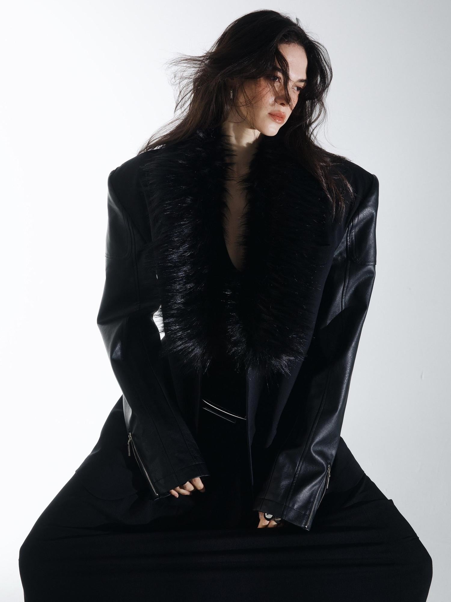 commonce net Black Detachable Fur Collar Spliced Zipper Oversized Women&