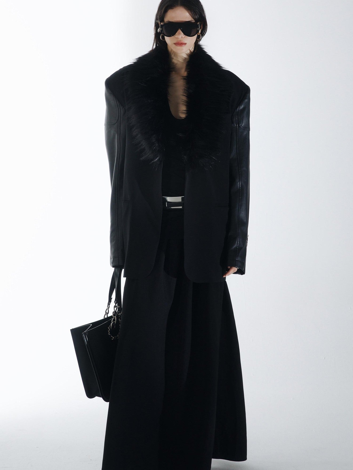 commonce net Black Detachable Fur Collar Spliced Zipper Oversized Women&