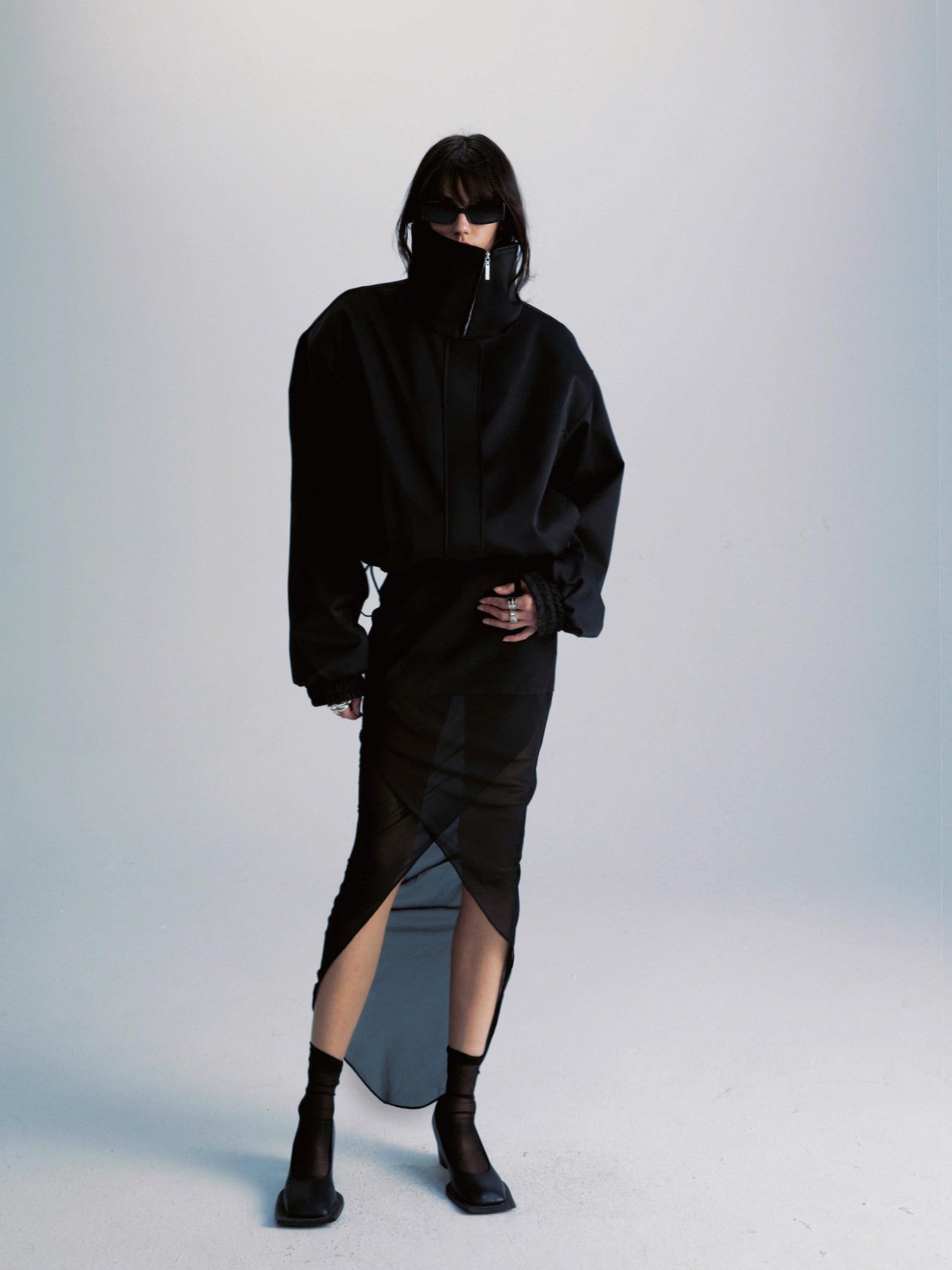 Black Double Zipper Drawstring Women&