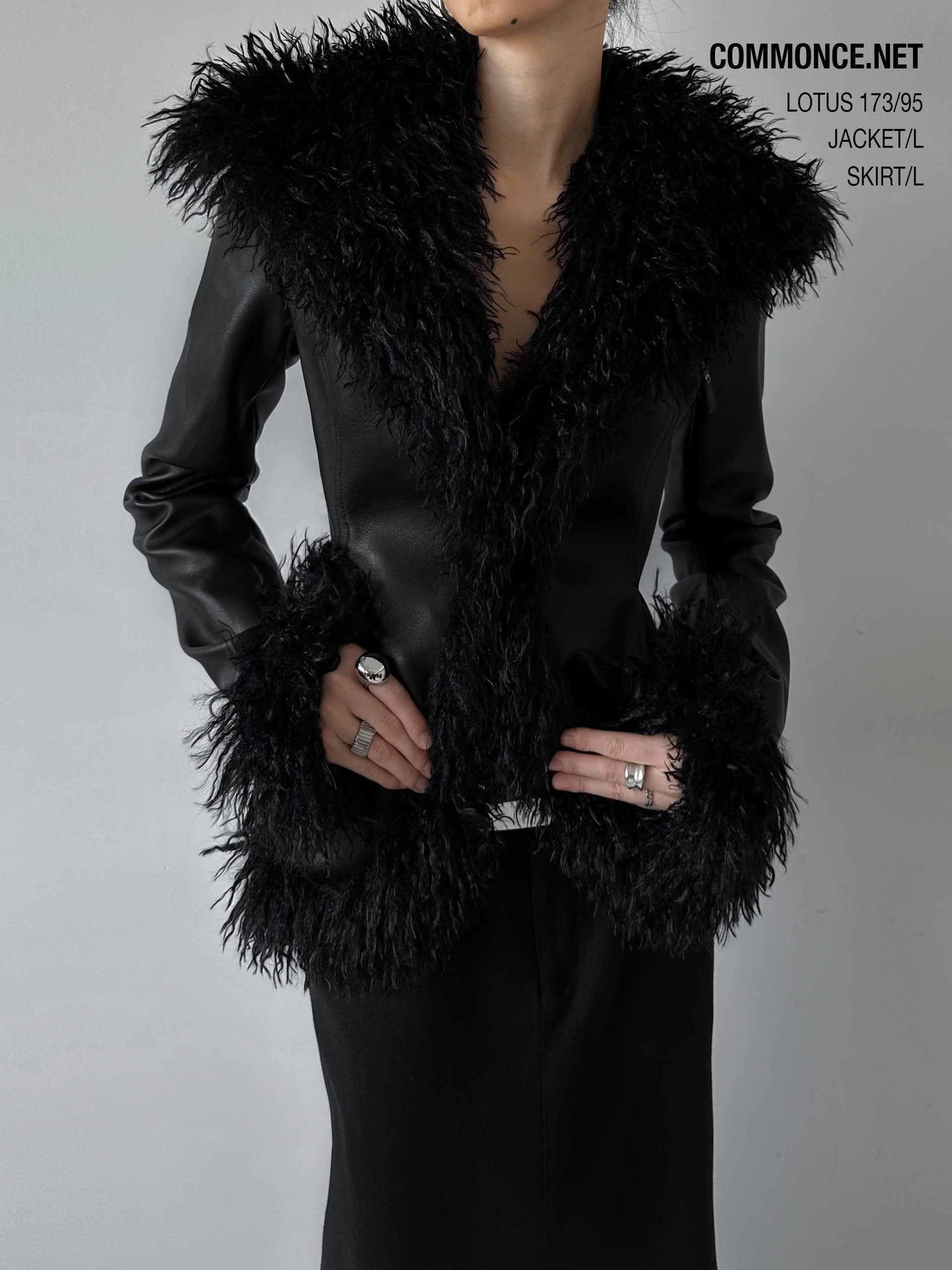 commonce_net_Black_Fur_Collar_Slightly_Cinched_Waist_Women&