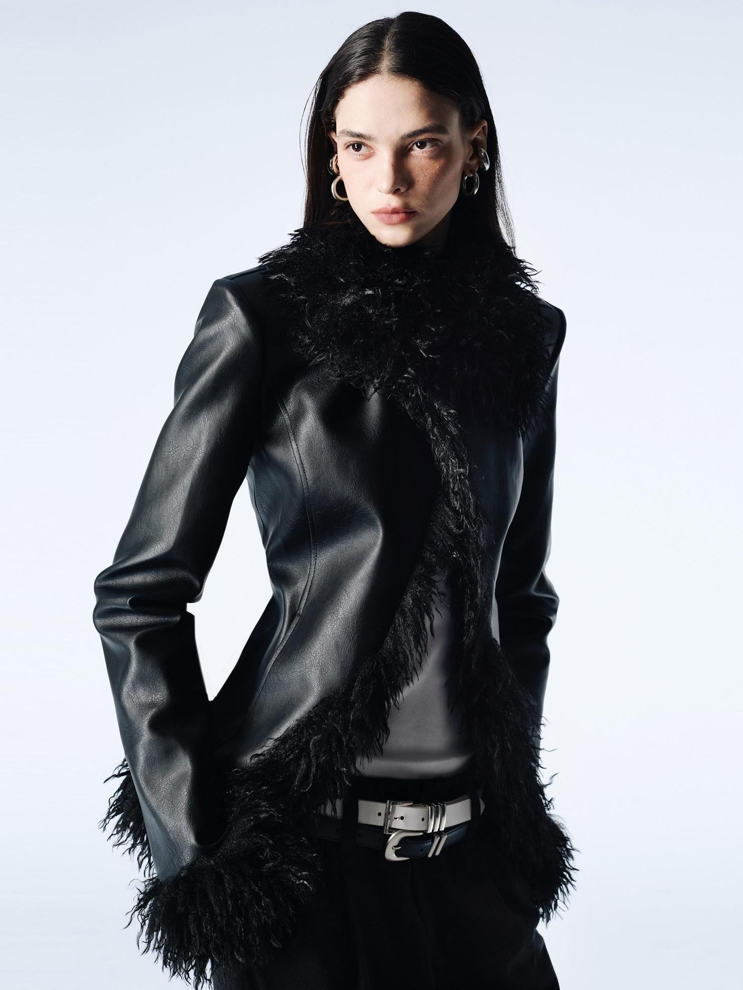 commonce net Black Fur Collar Slightly Cinched Waist Women&