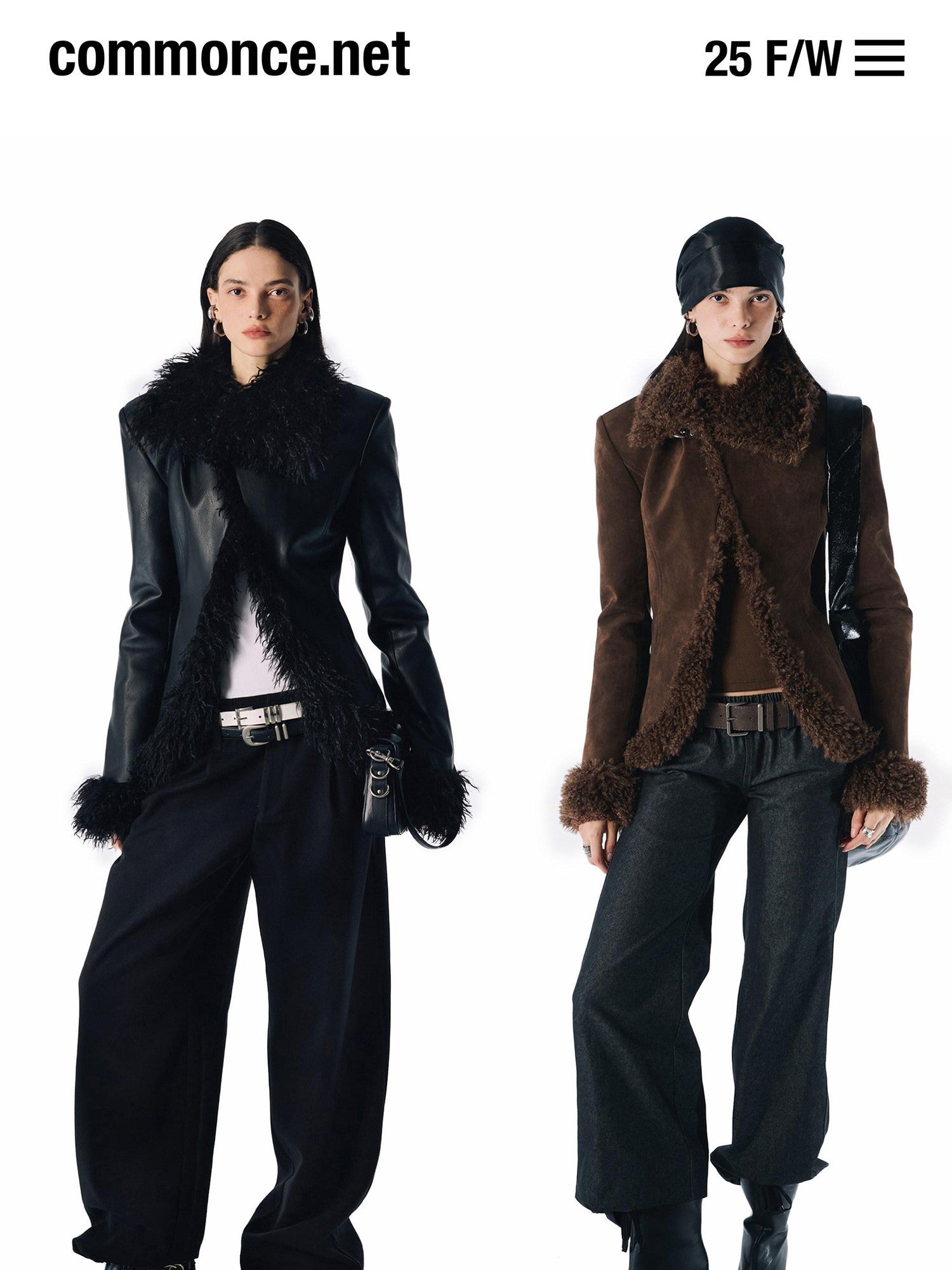 commonce net Black Fur Collar Slightly Cinched Waist Women&
