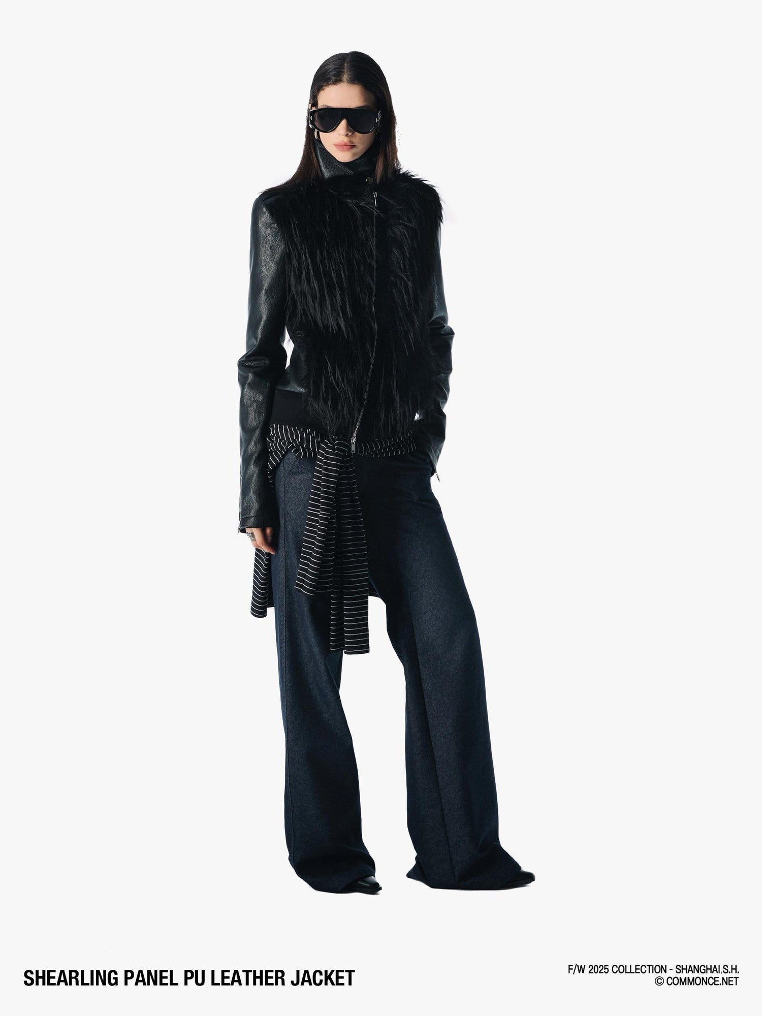 commonce net Black Fur Patchwork Zipper Set Shoulder Women&