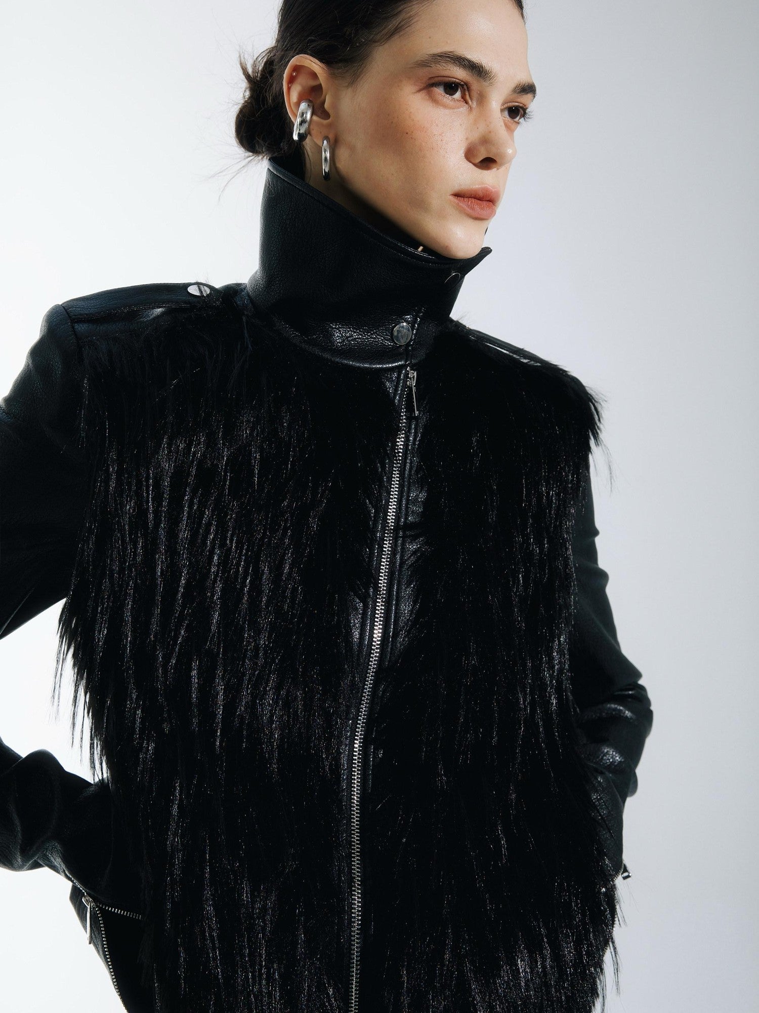 commonce net Black Fur Patchwork Zipper Set Shoulder Women&