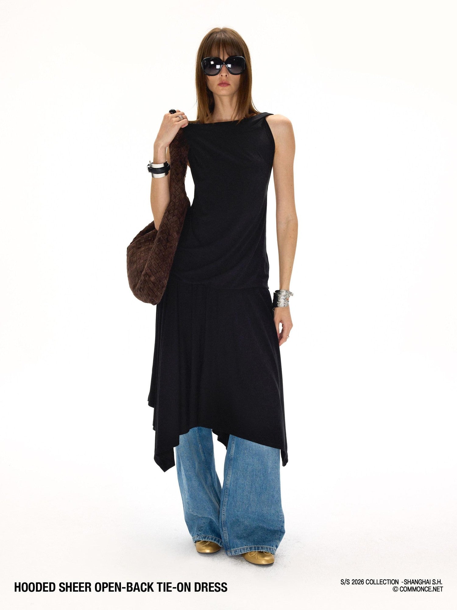 commonce net Black Hooded Draped Neck Backless Drawstring Women&