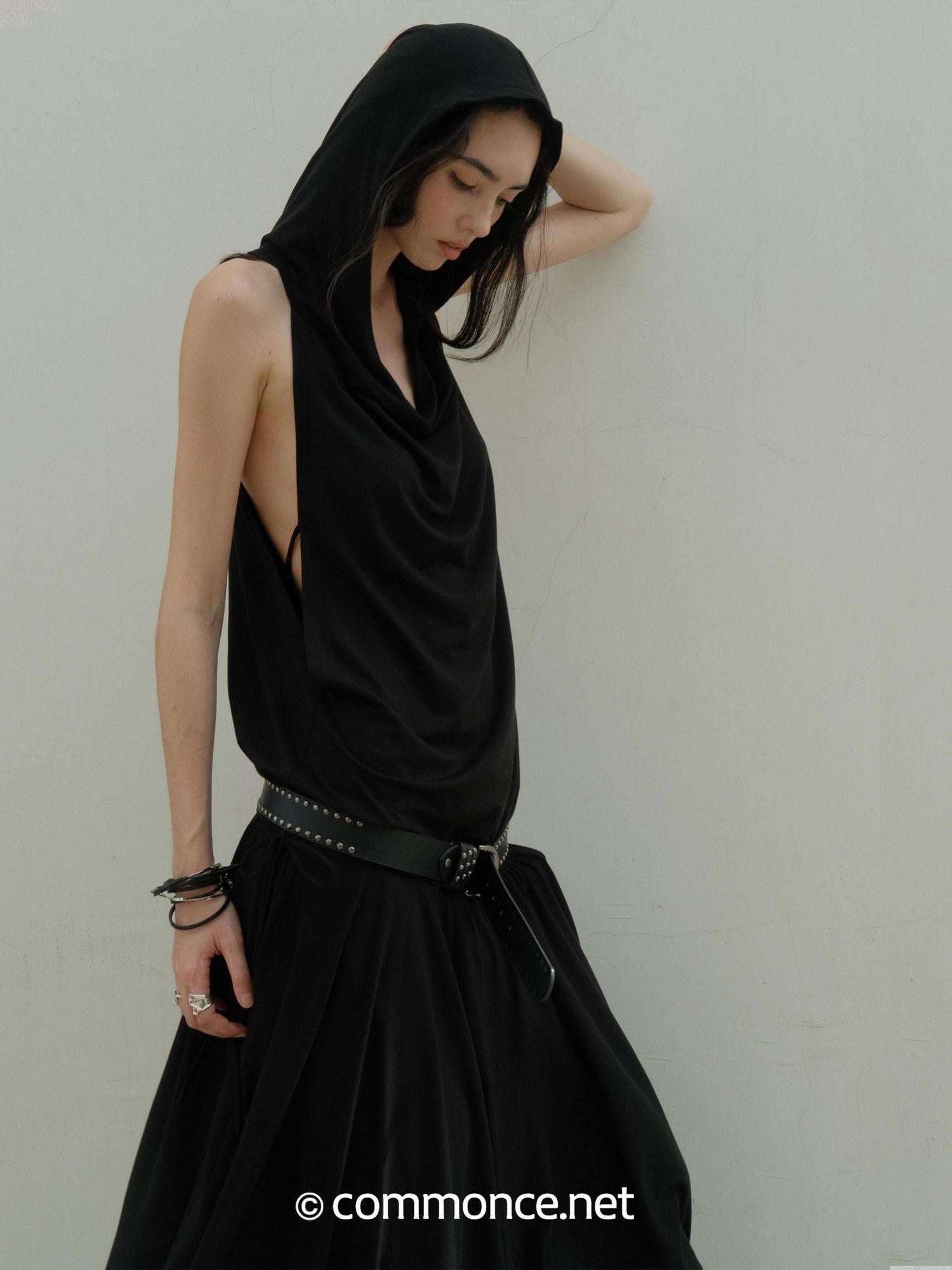 commonce net Black Hooded Draped Neck Backless Drawstring Women&