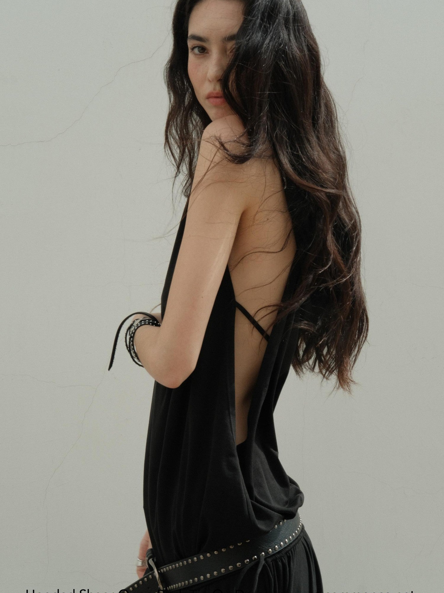commonce net Black Hooded Draped Neck Backless Drawstring Women&