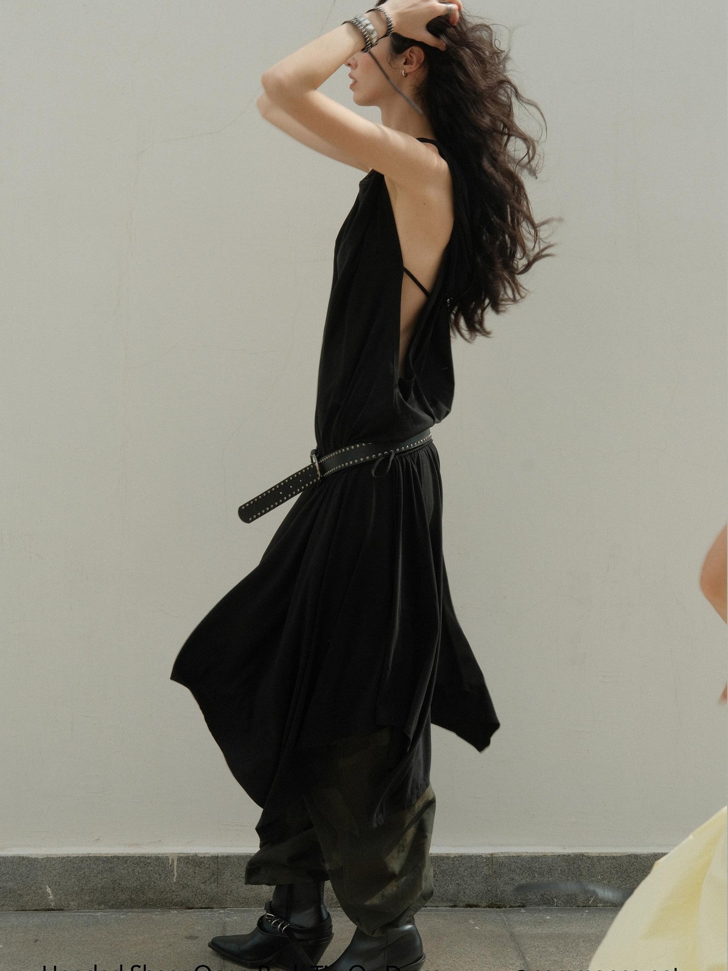 commonce net Black Hooded Draped Neck Backless Drawstring Women&
