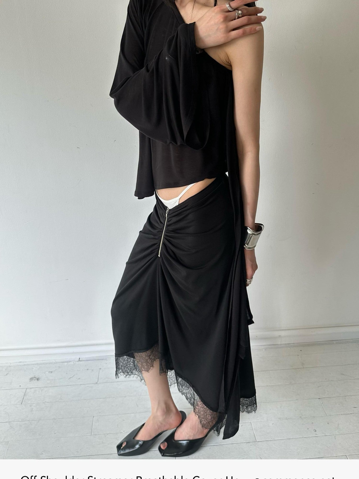 commonce net Black One Shoulder Tie Irregular Hem Tube Set Women&