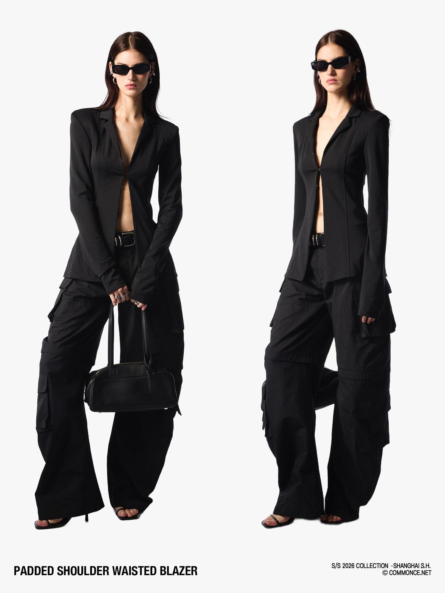 commonce net Black Padded Shoulder Waist Cinched Back Vent Women&