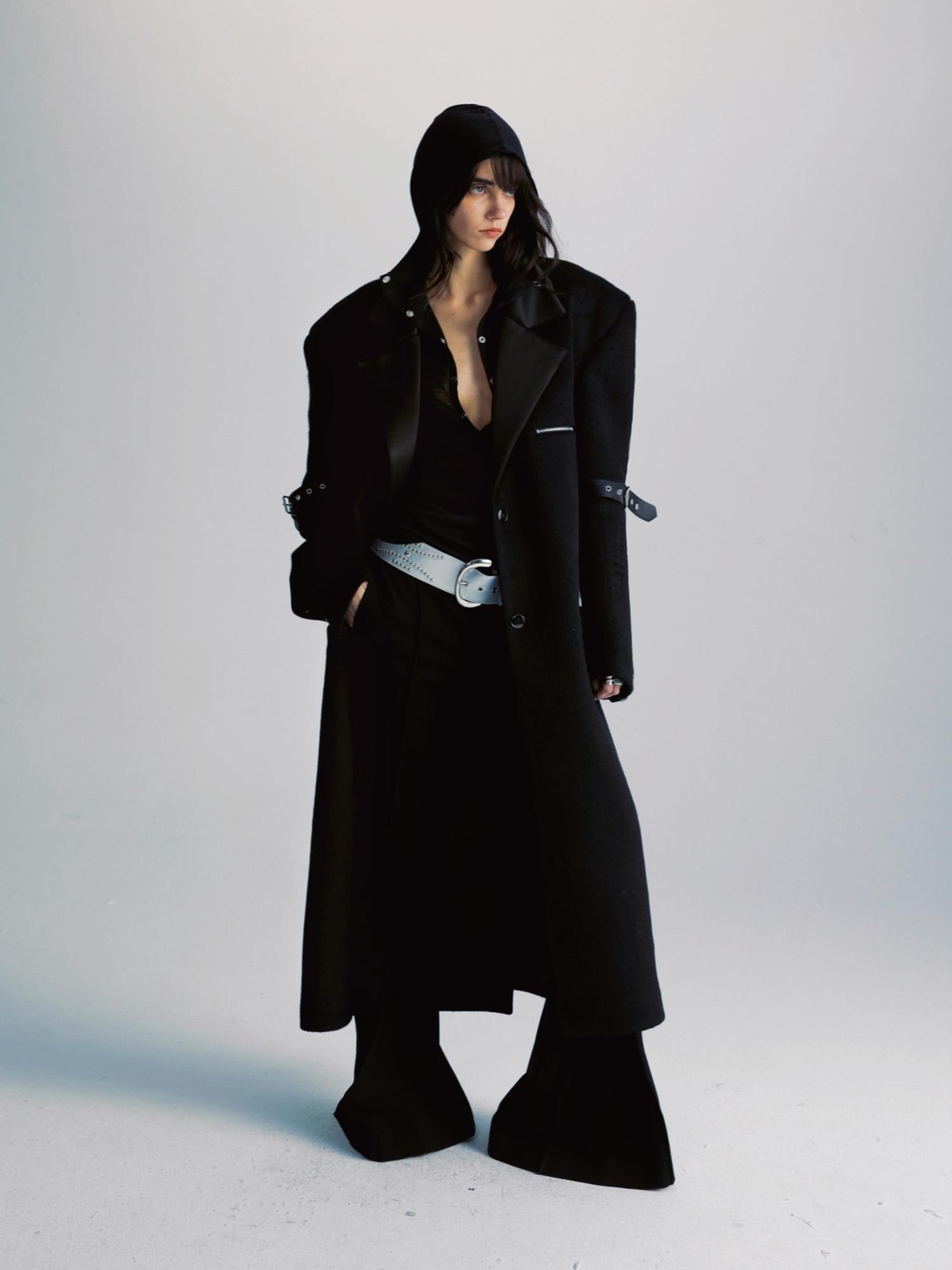 commonce net Black Patchwork Wool Blend Long Coat With Leather Sleeve Detail