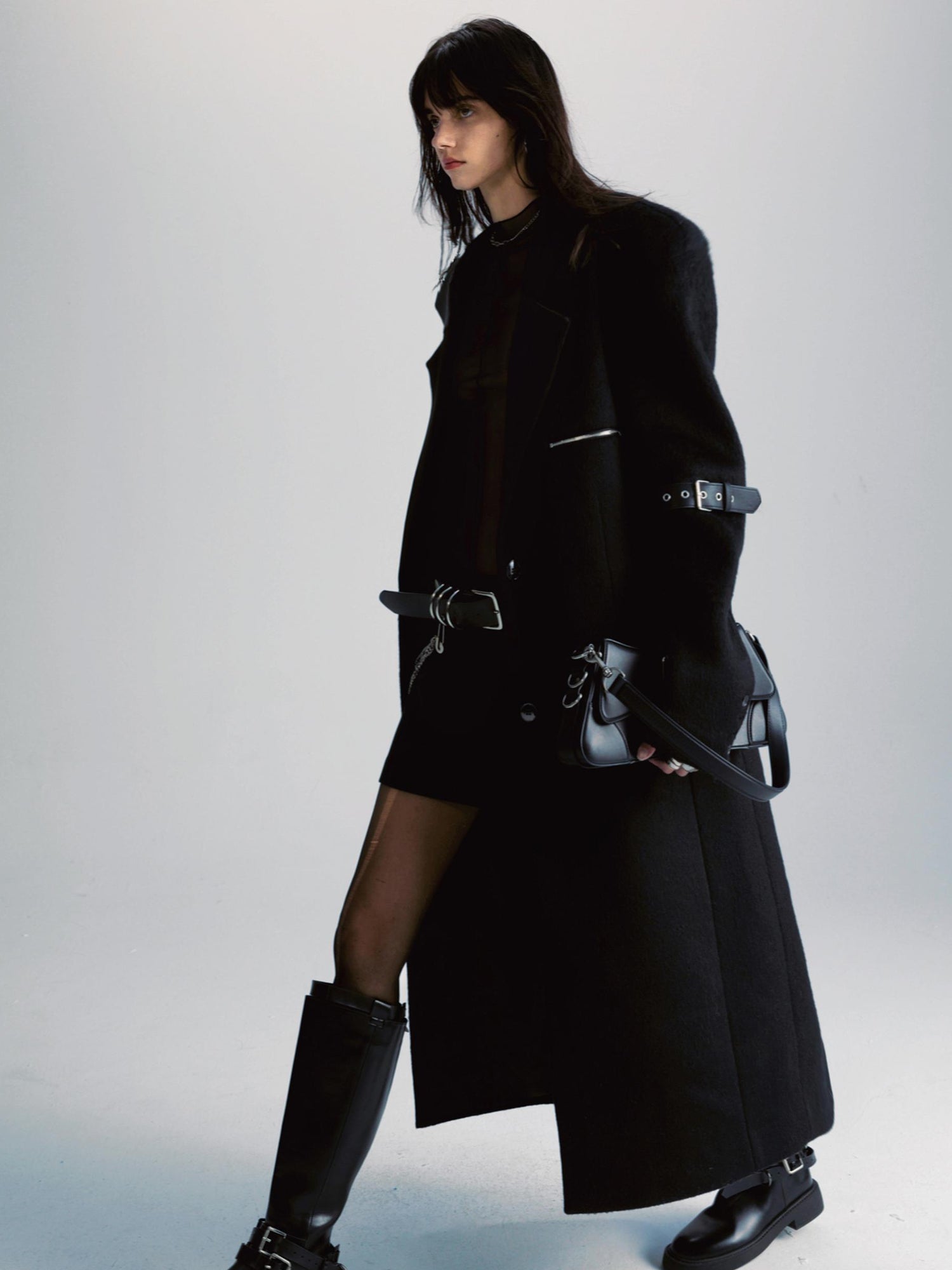 commonce net Black Patchwork Wool Blend Long Coat With Leather Sleeve Detail