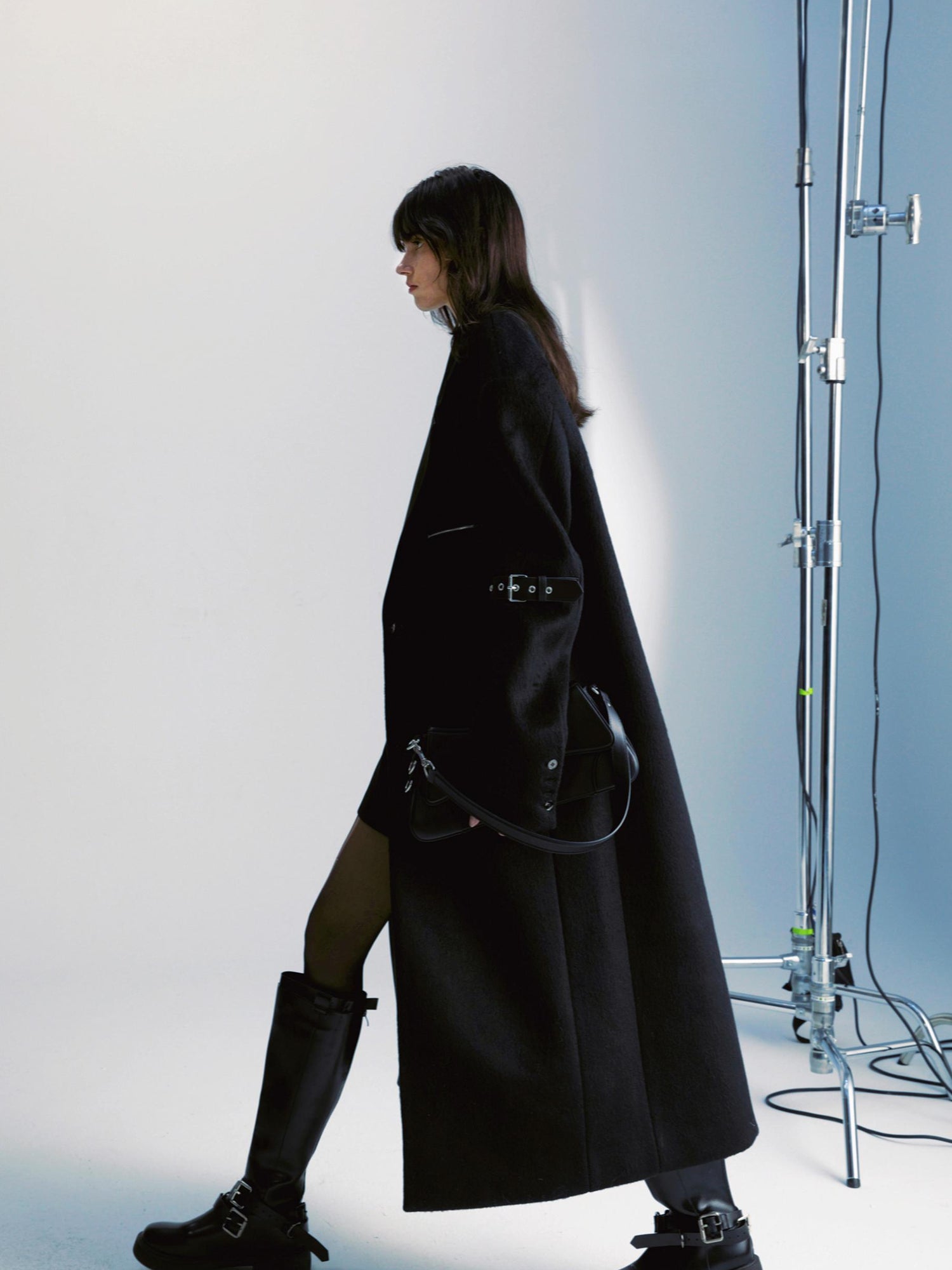 commonce net Black Patchwork Wool Blend Long Coat With Leather Sleeve Detail