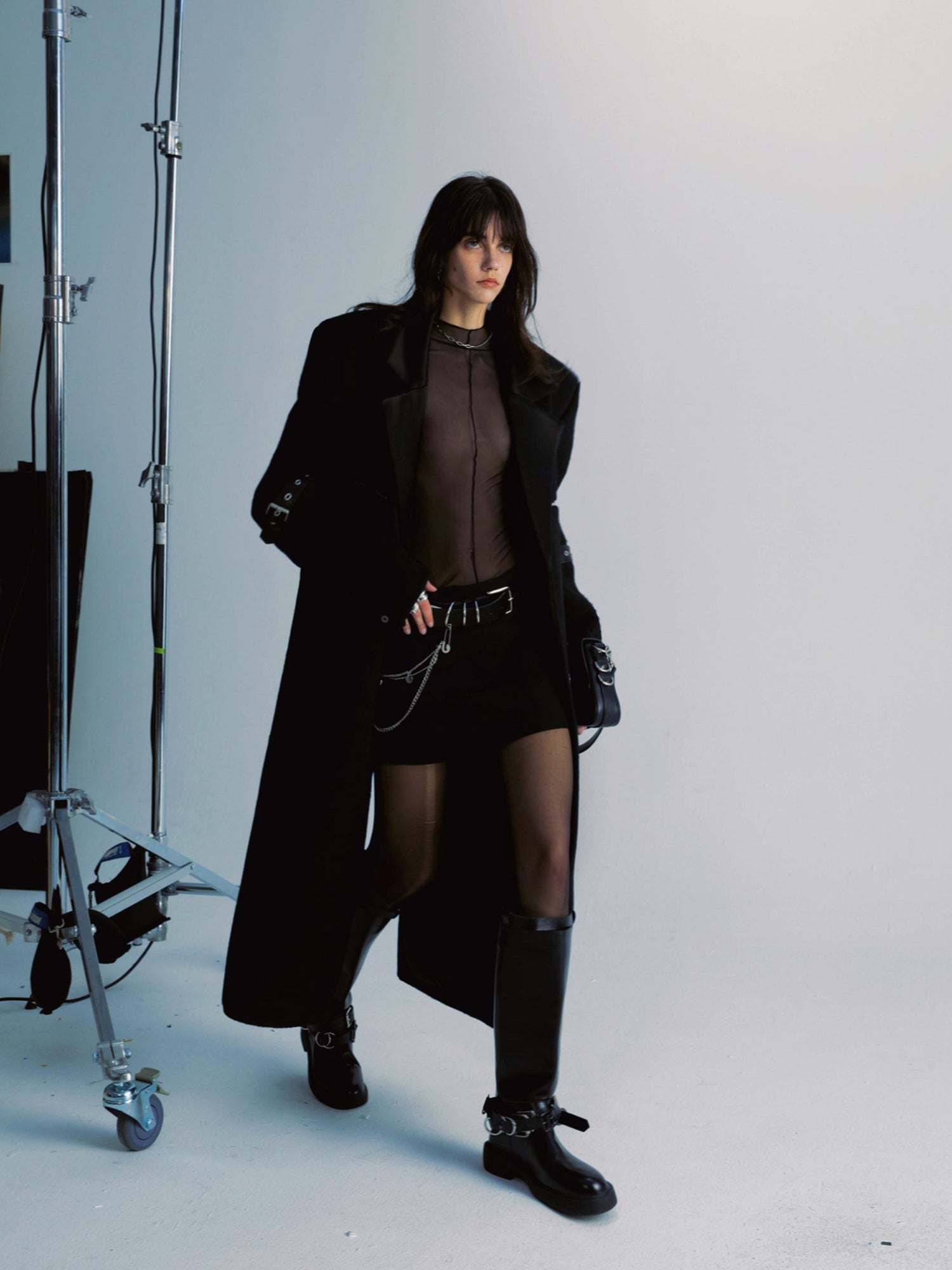 commonce net Black Patchwork Wool Blend Long Coat With Leather Sleeve Detail