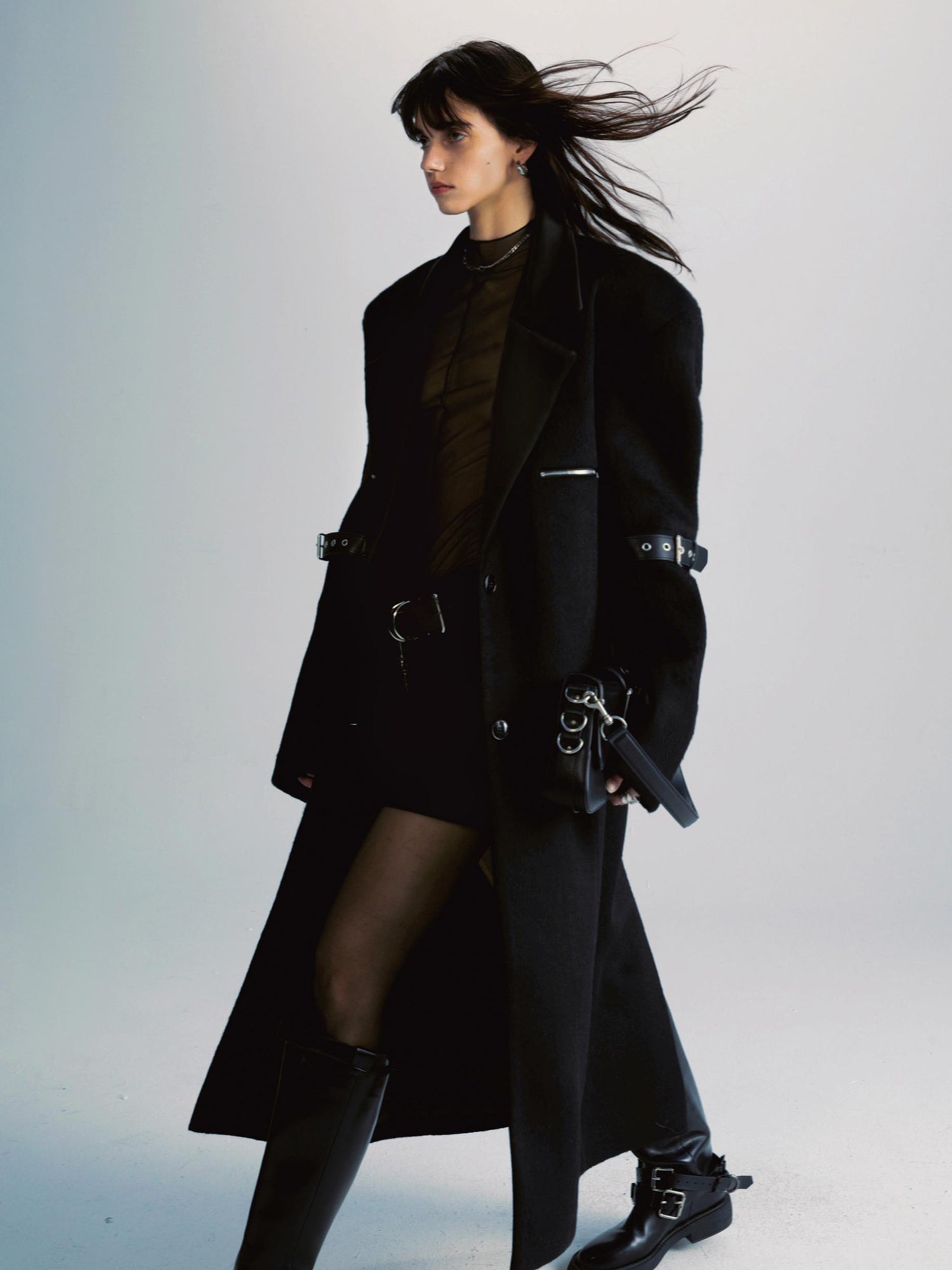 commonce net Black Patchwork Wool Blend Long Coat With Leather Sleeve Detail