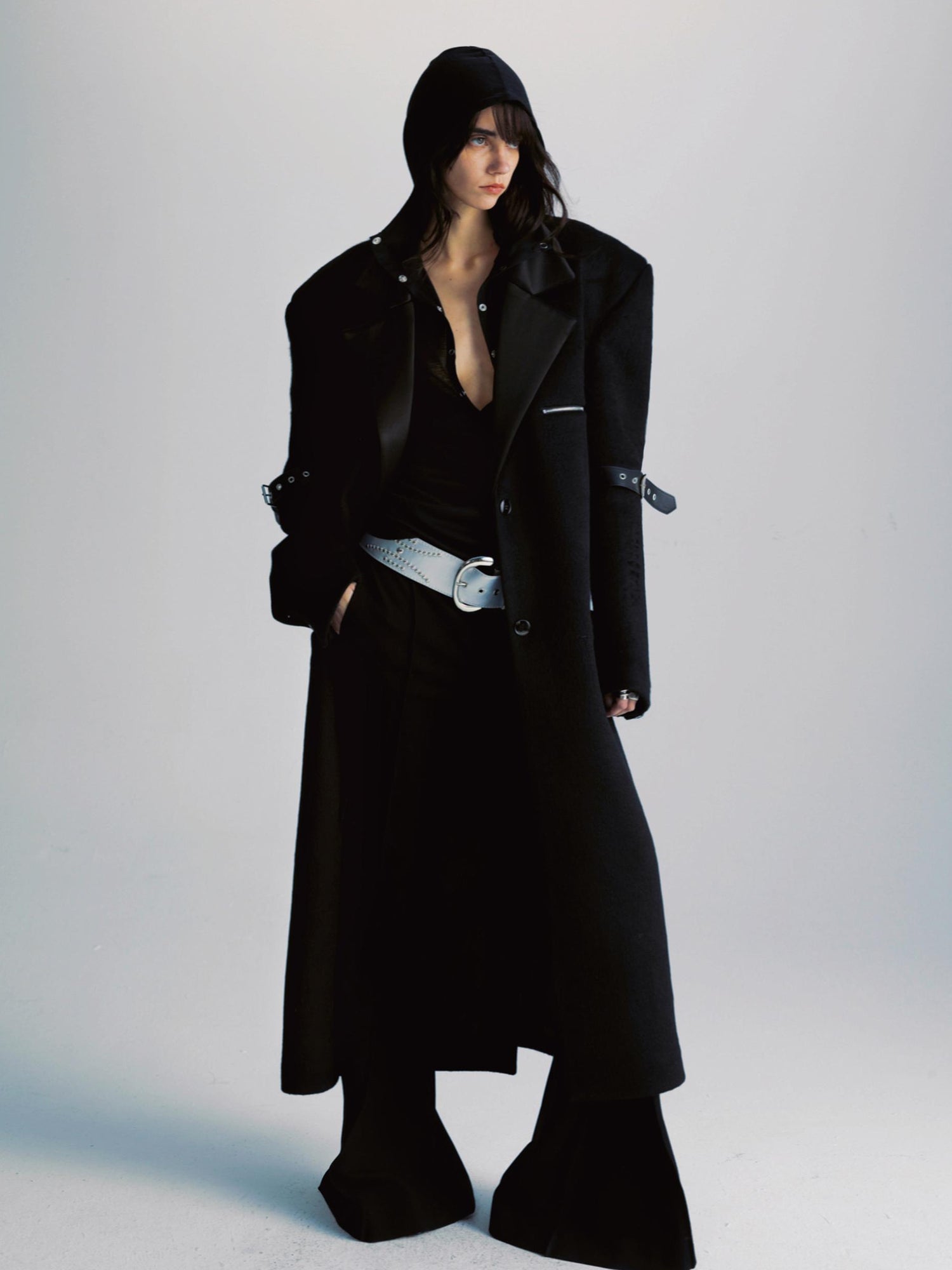 commonce net Black Patchwork Wool Blend Long Coat With Leather Sleeve Detail