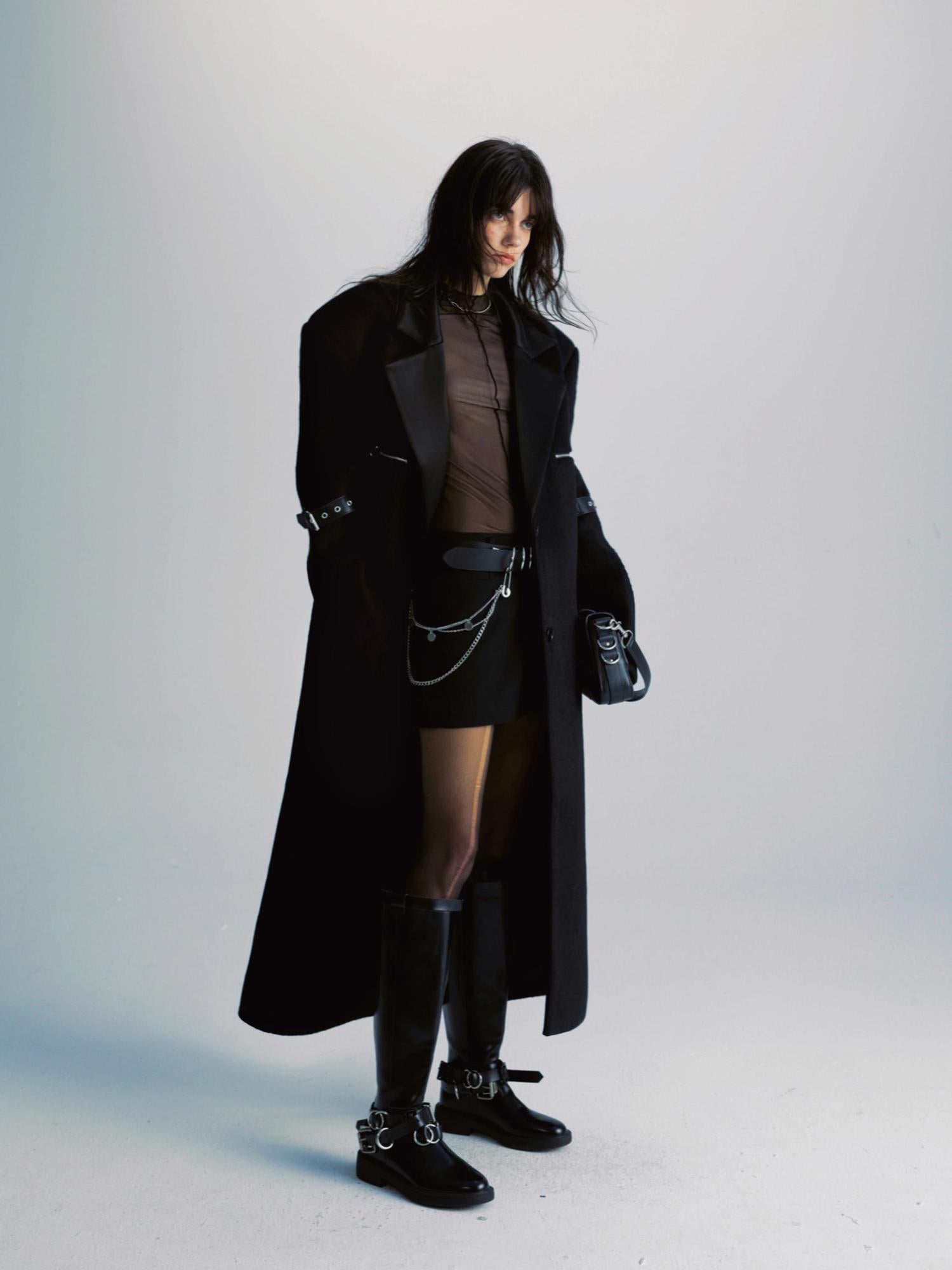 commonce net Black Patchwork Wool Blend Long Coat With Leather Sleeve Detail