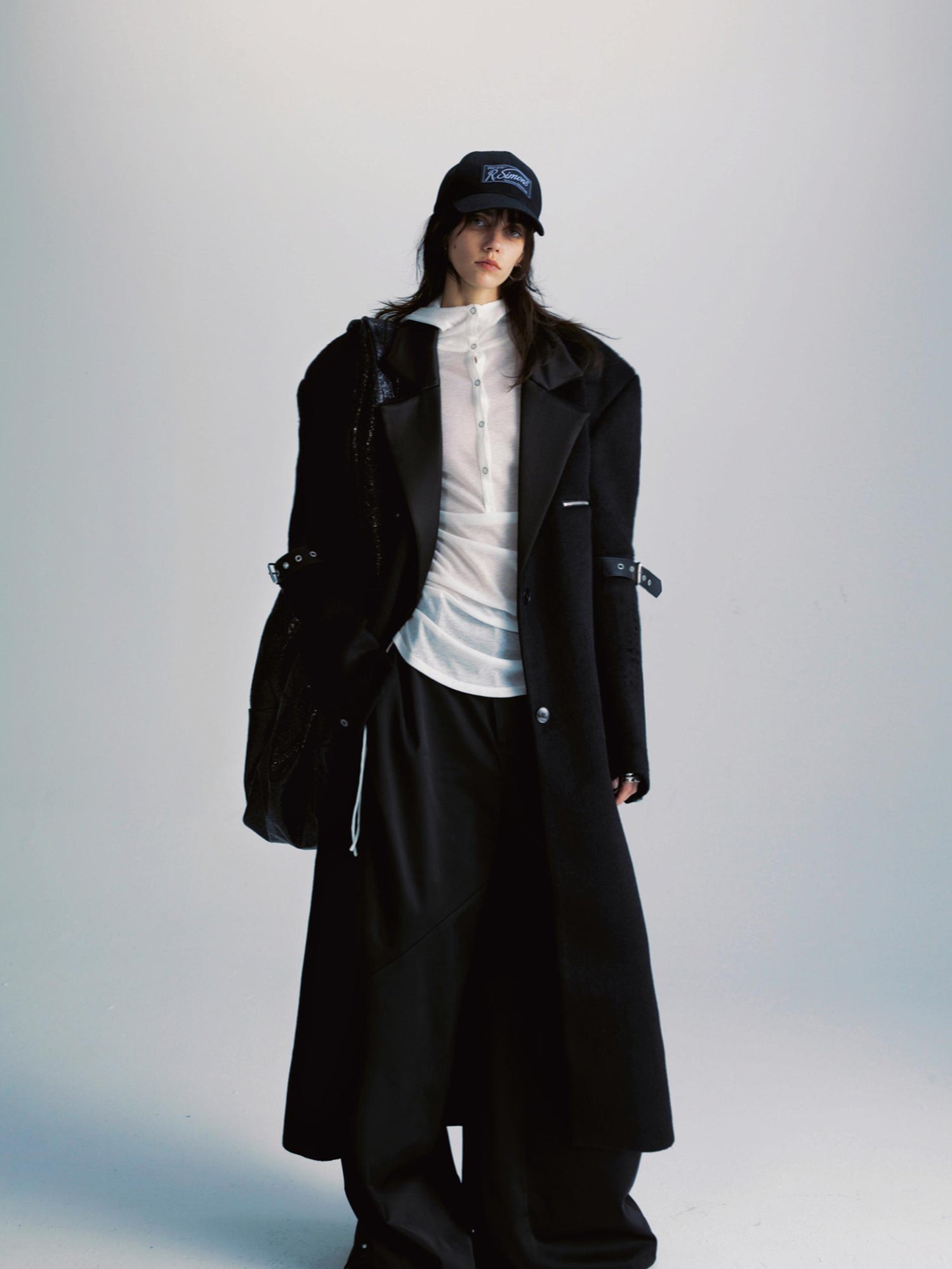 commonce net Black Patchwork Wool Blend Long Coat With Leather Sleeve Detail