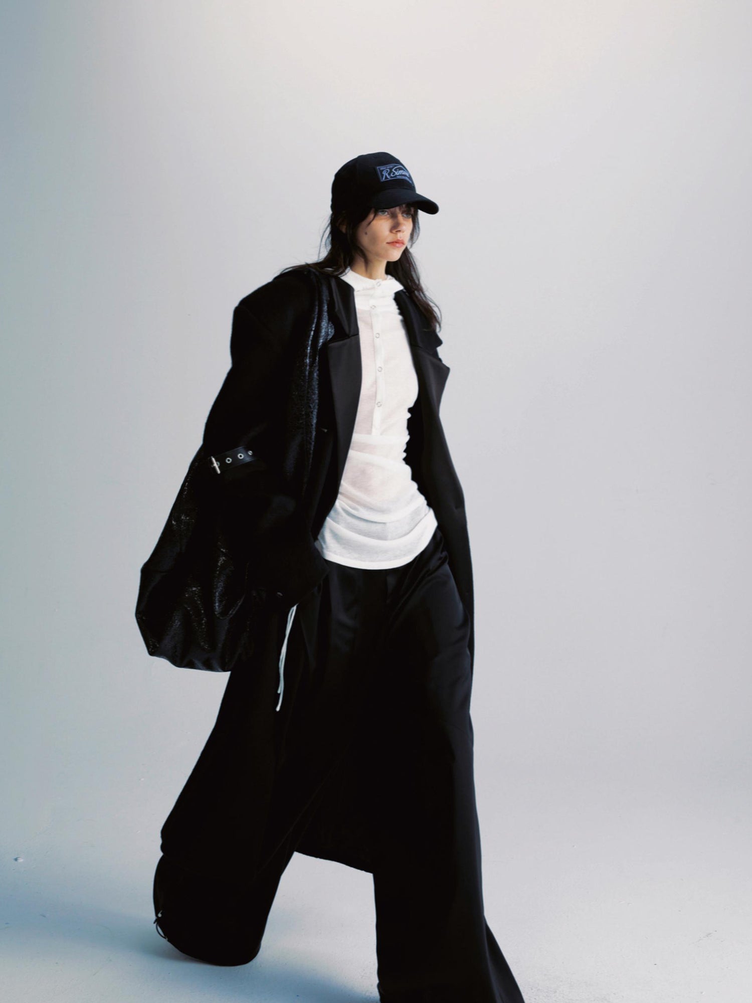 commonce net Black Patchwork Wool Blend Long Coat With Leather Sleeve Detail