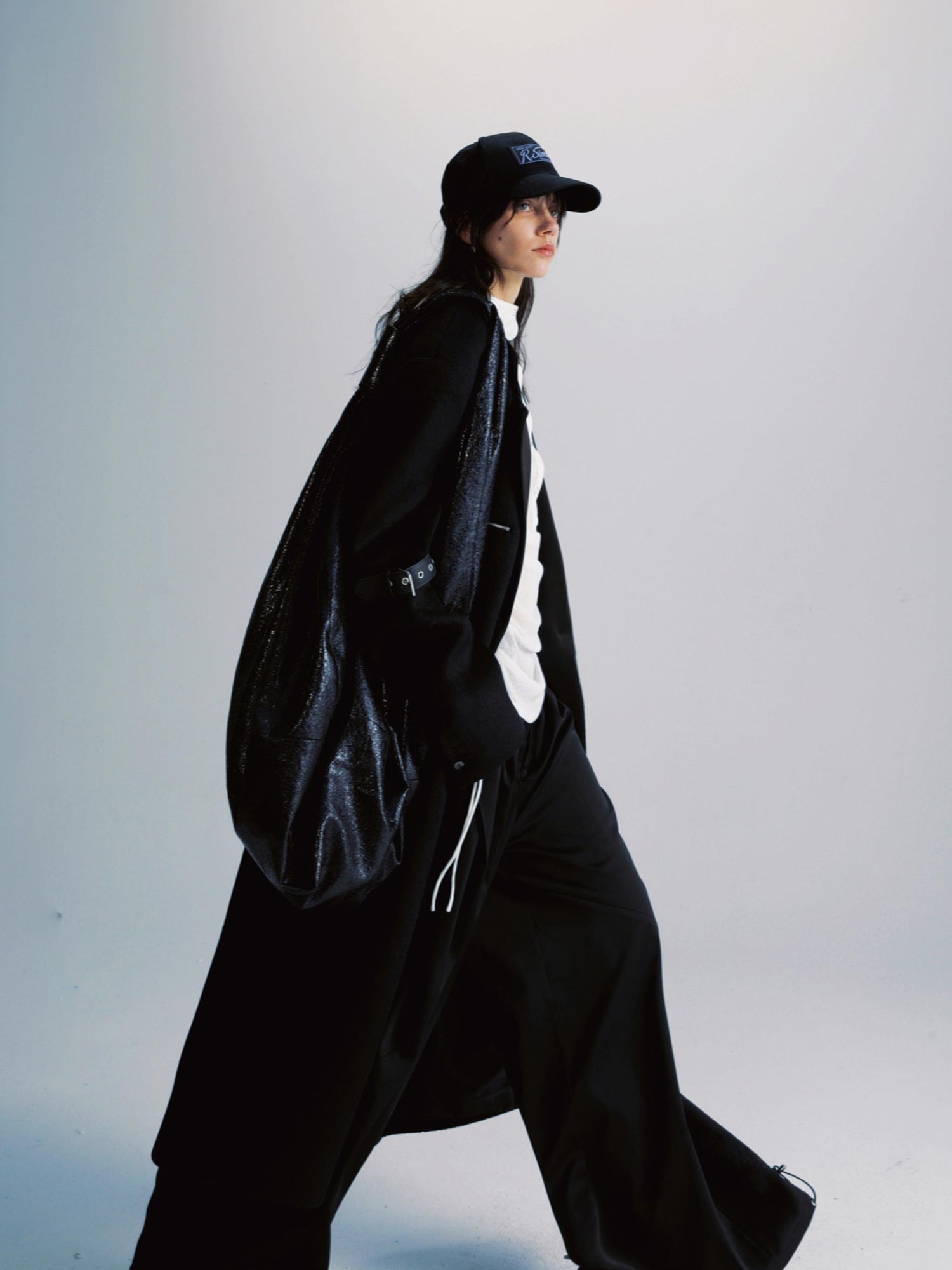 commonce net Black Patchwork Wool Blend Long Coat With Leather Sleeve Detail